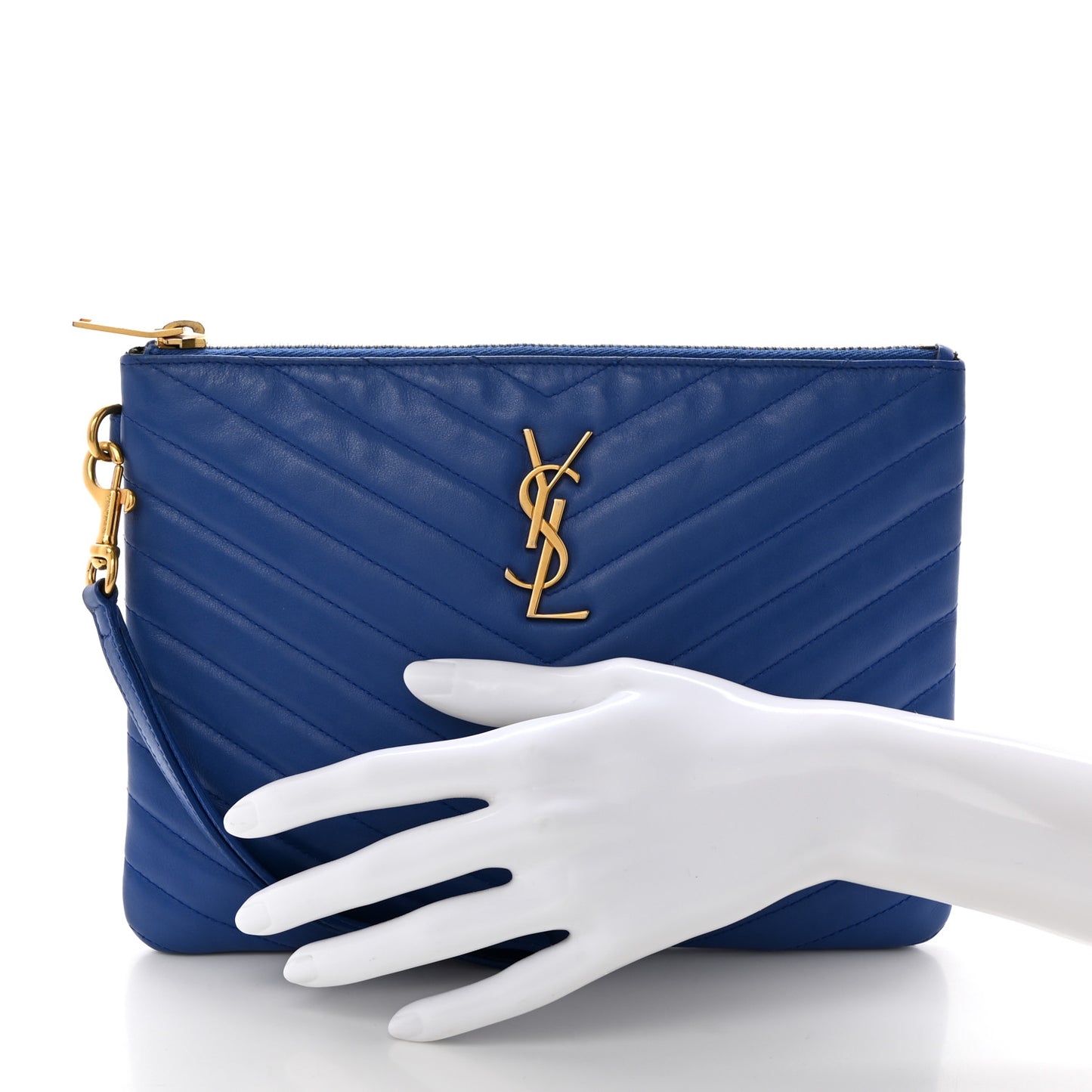 Calfskin Matelasse Chevron Monogram Zip A5 Pouch Blue Majorelle
