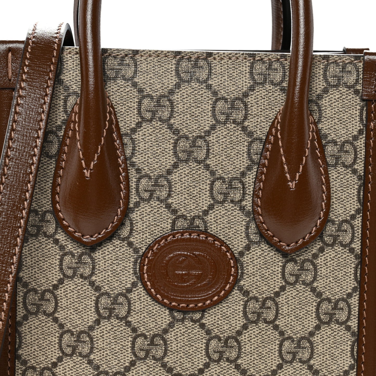 GG Supreme Monogram Azalea Calfskin Mini Retro Interlocking G Tote Bag Beige Ebony Brown Sugar