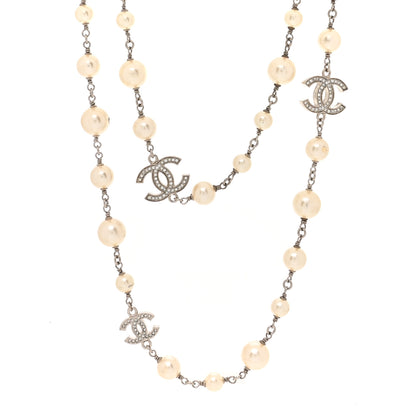 Chanel Crystal Pearl CC Long Necklace Silver 1 of 5