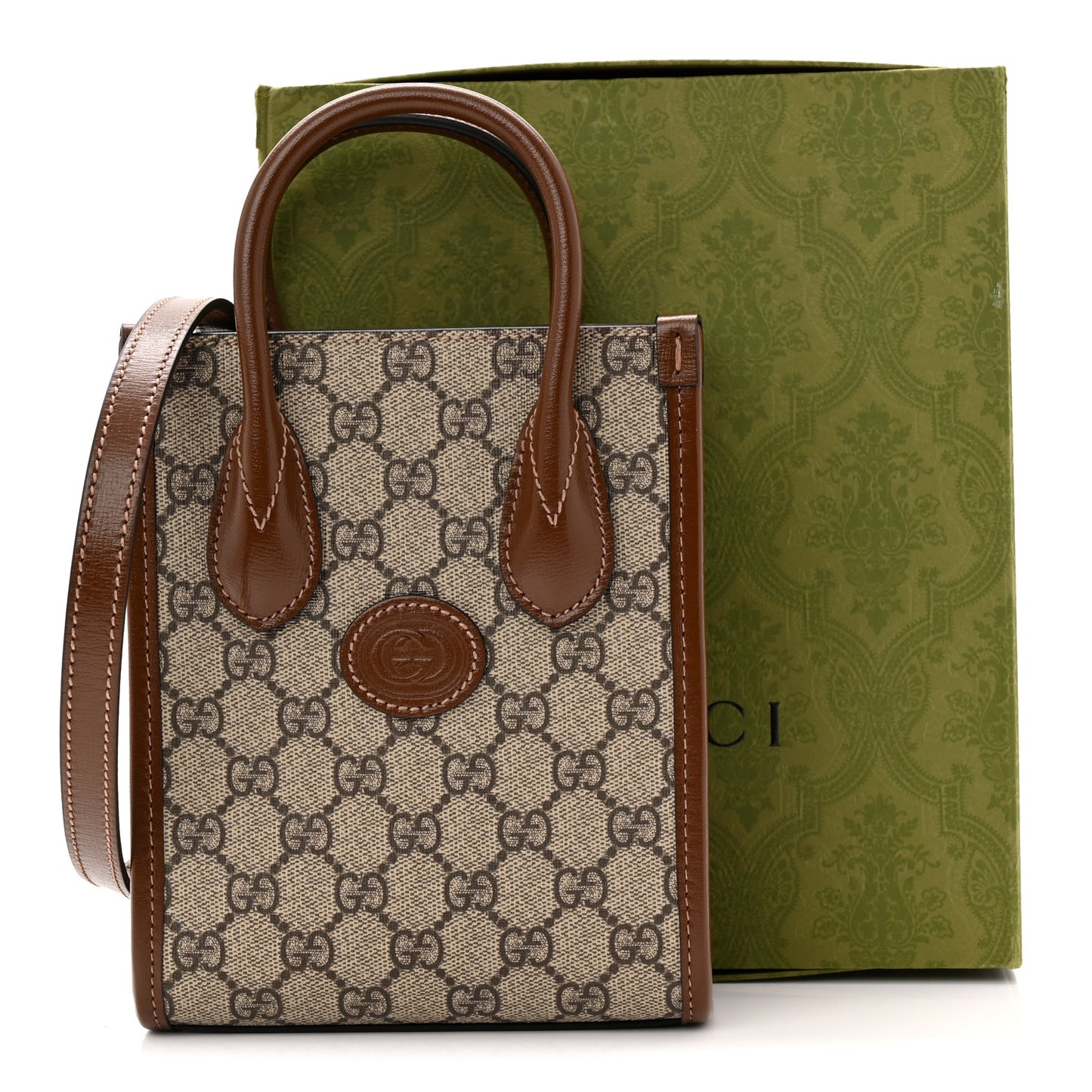 GG Supreme Monogram Azalea Calfskin Mini Retro Interlocking G Tote Bag Beige Ebony Brown Sugar