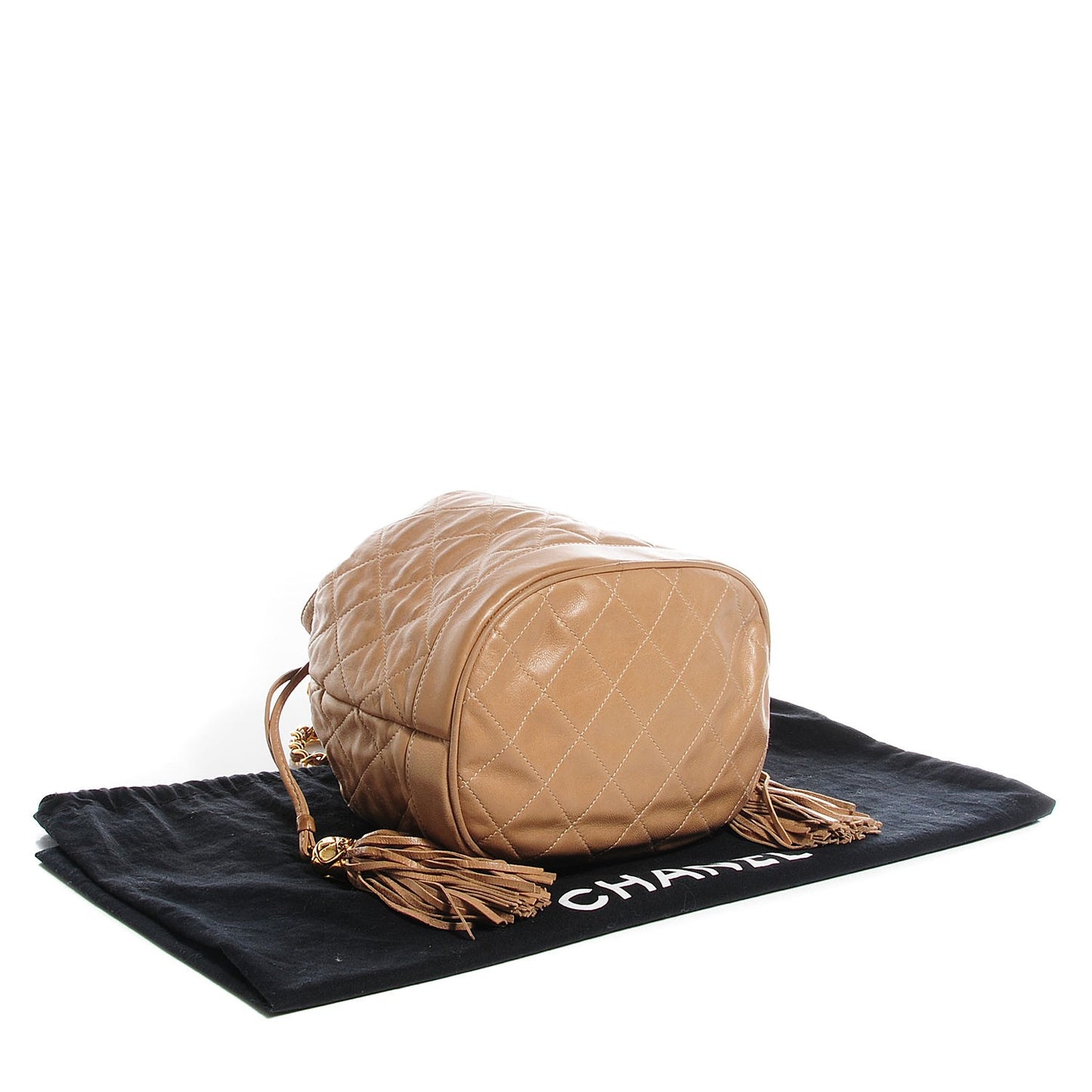 Lambskin Quilted Tassel Drawstring Pouch Beige