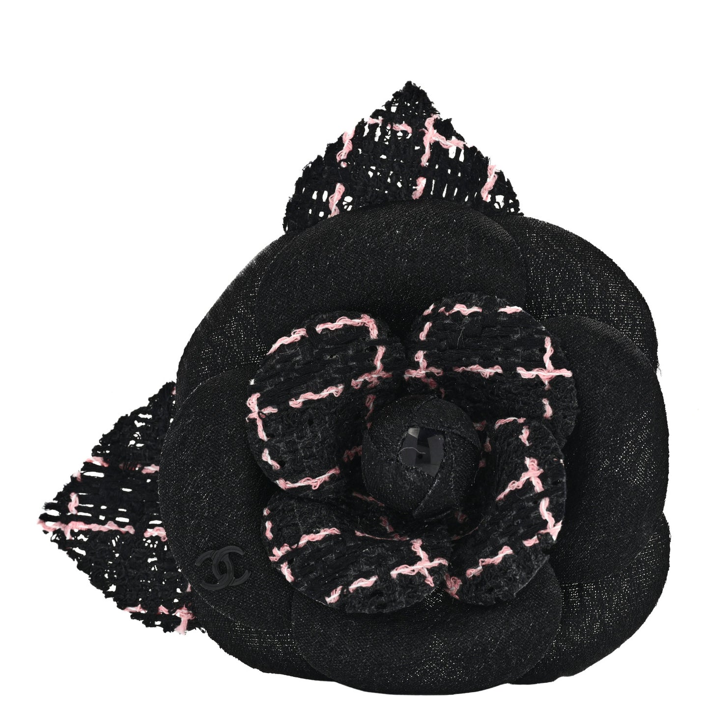Tweed Camellia Pin Brooch Black Pink