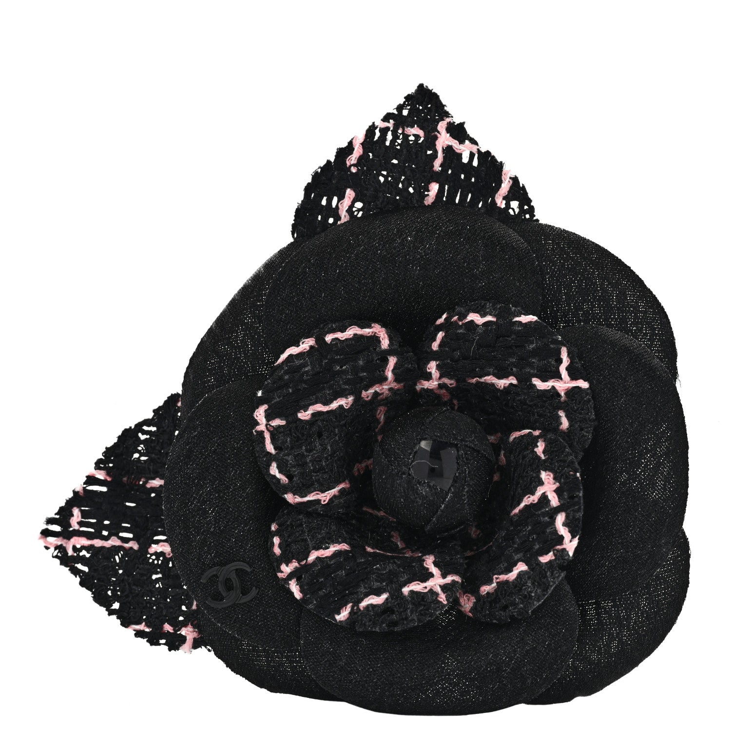Chanel Tweed Camellia Pin Brooch Black Pink 1 of 3