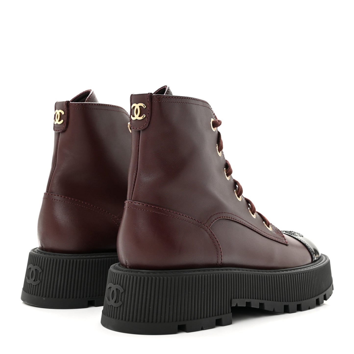 Calfskin Patent Calfskin CC Lace Up Combat Boots 40 Burgundy Black