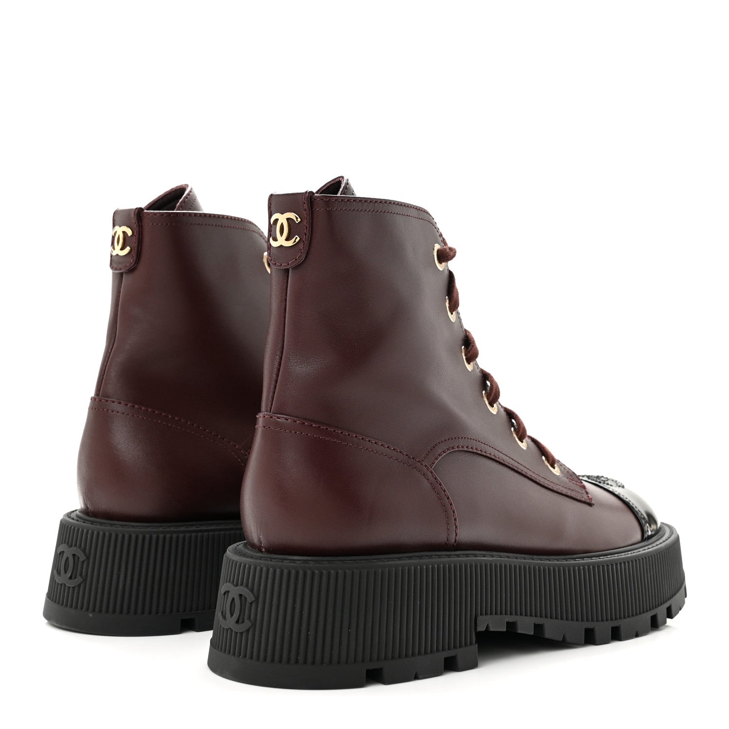 Chanel Calfskin Patent Calfskin CC Lace Up Combat Boots 40 Burgundy Black 5 of 10