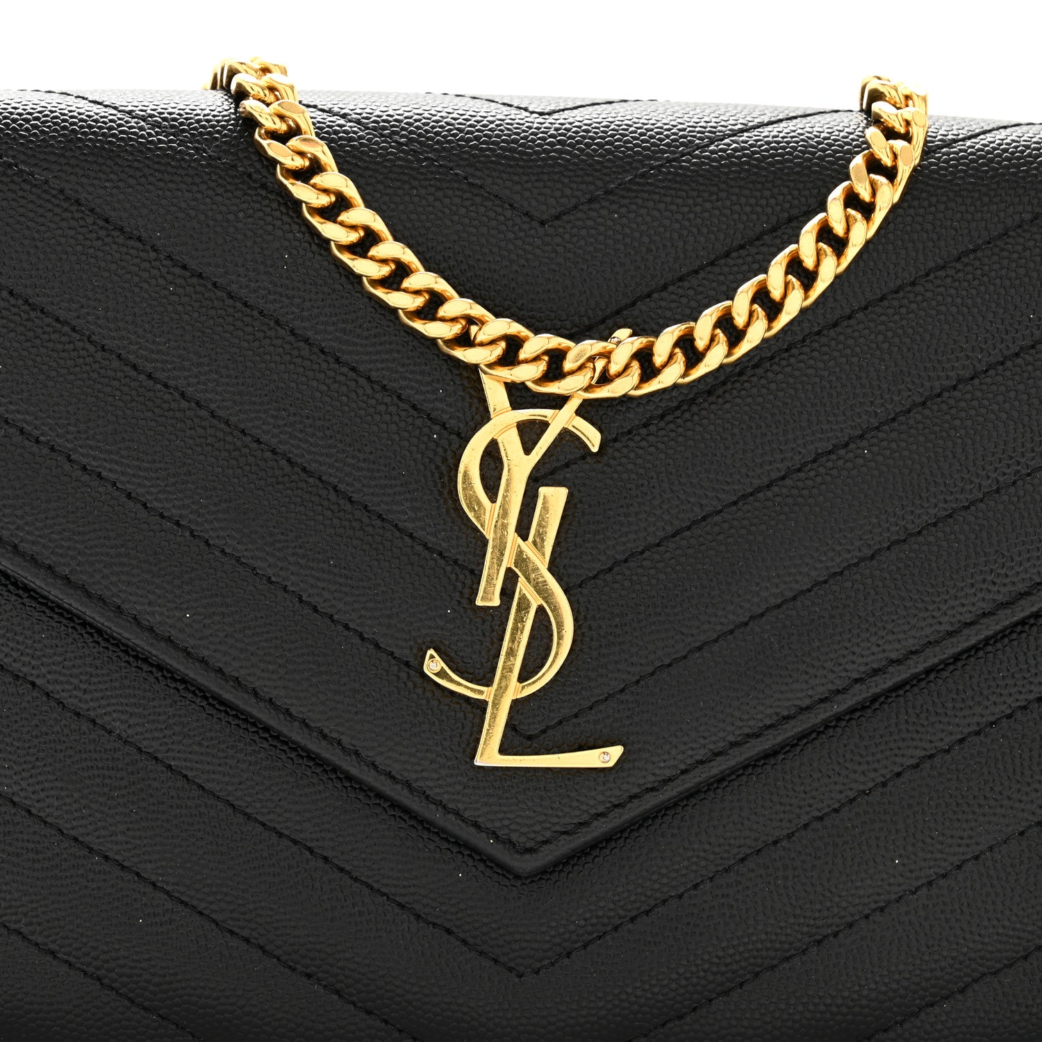 Saint Laurent Grain De Poudre Matelasse Chevron Monogram Chain Wallet Black 7 of 11
