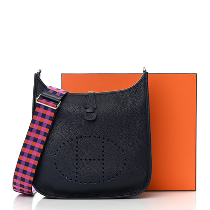 Hermes Taurillon Clemence Quadrille Evelyne III PM Bleu Nuit Bleu Saphir Anemone Capucine 12 of 12