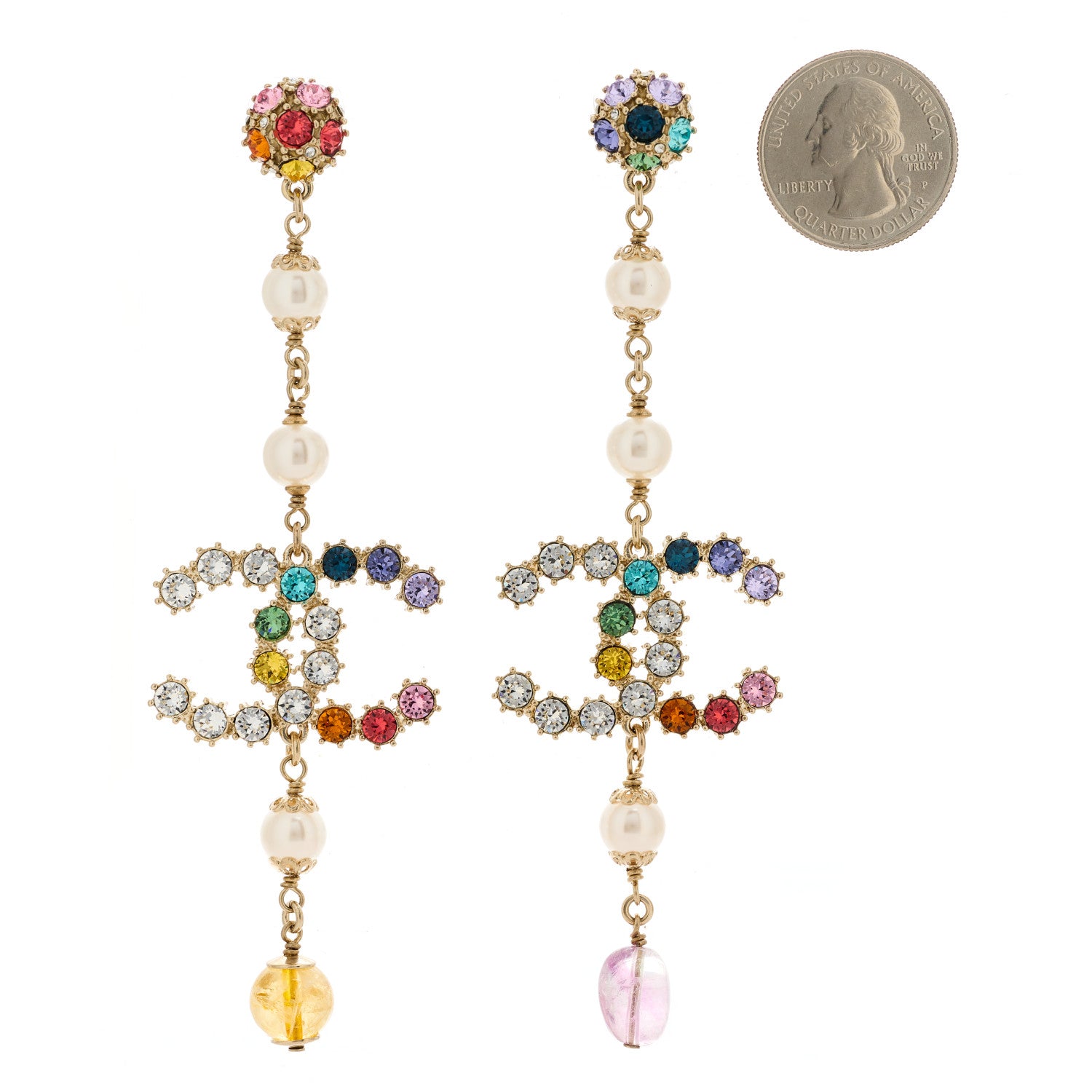 Chanel Crystal Pearl Over The Rainbow CC Long Drop Earrings Multicolor 2 of 4