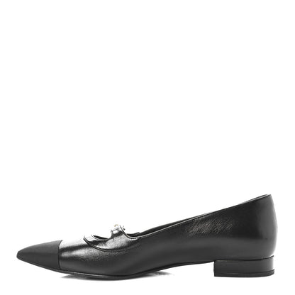 Chanel Shiny Lambskin Grosgrain Pearl Mary Jane Flats 38.5 Black 1 of 9
