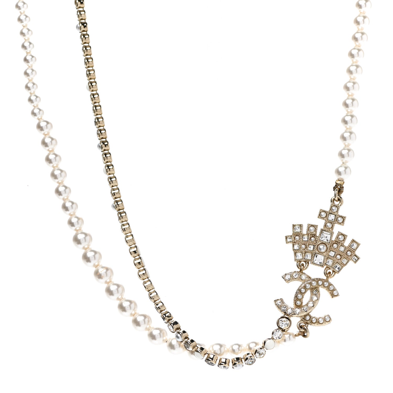 Chanel Pearl Crystal CC Crown Multi Strand Necklace Gold 1 of 6