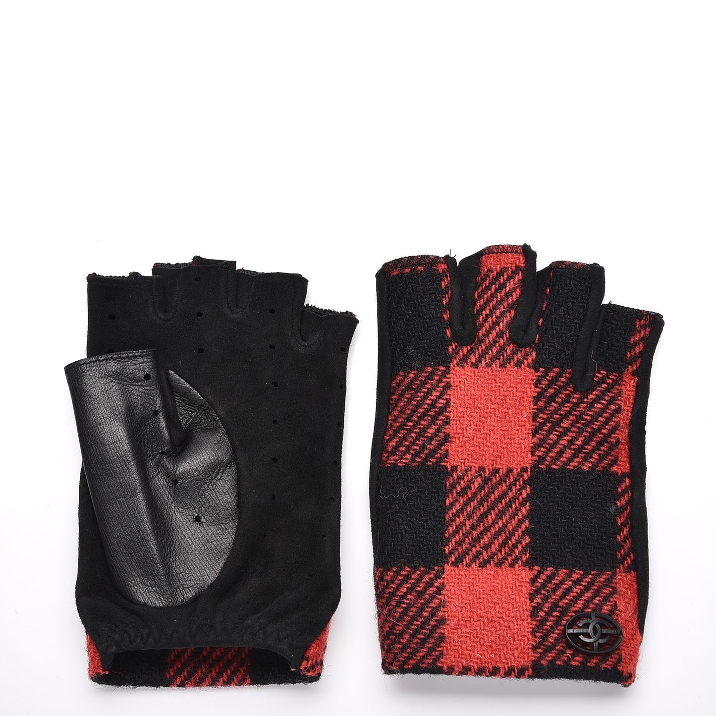 Wool Suede Plaid Fingerless CC Gloves 7 Red Black