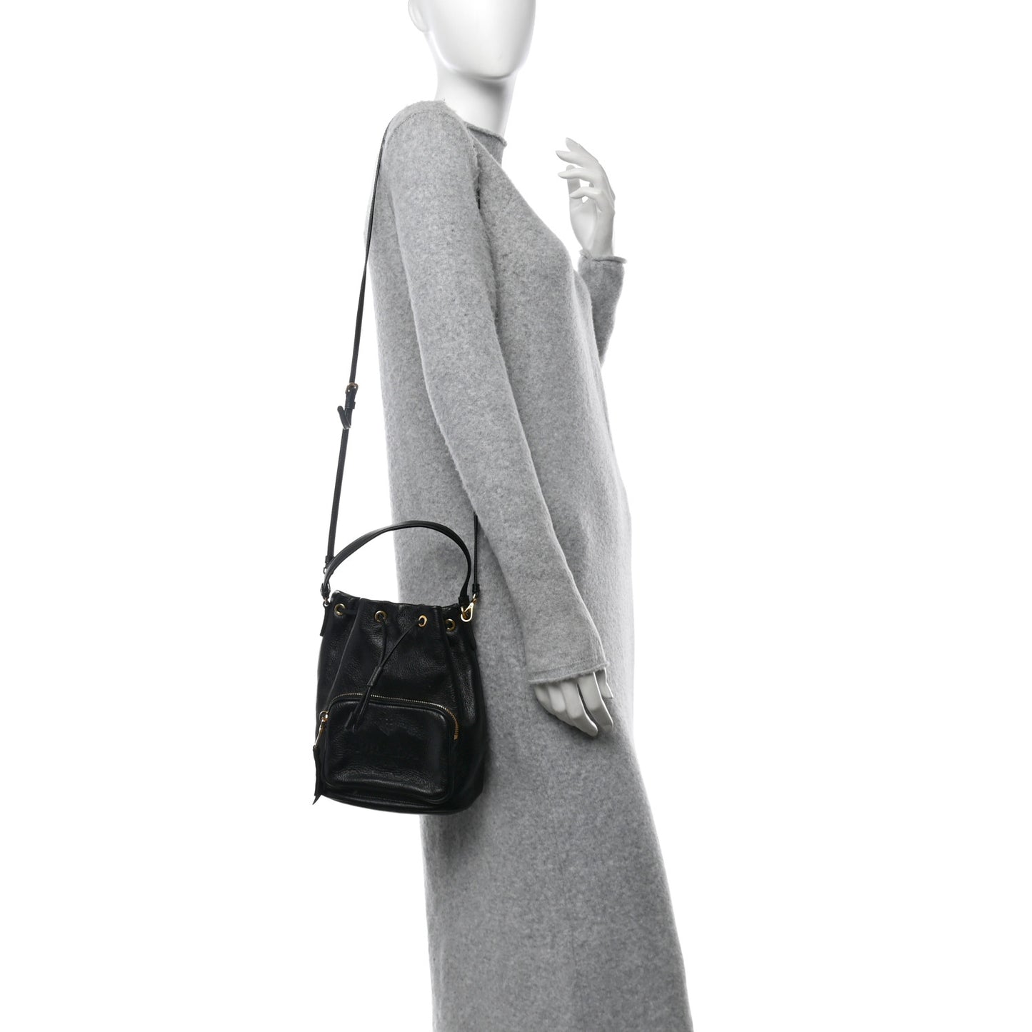 Glace Calfskin Embossed Secchiello Bucket Bag Black