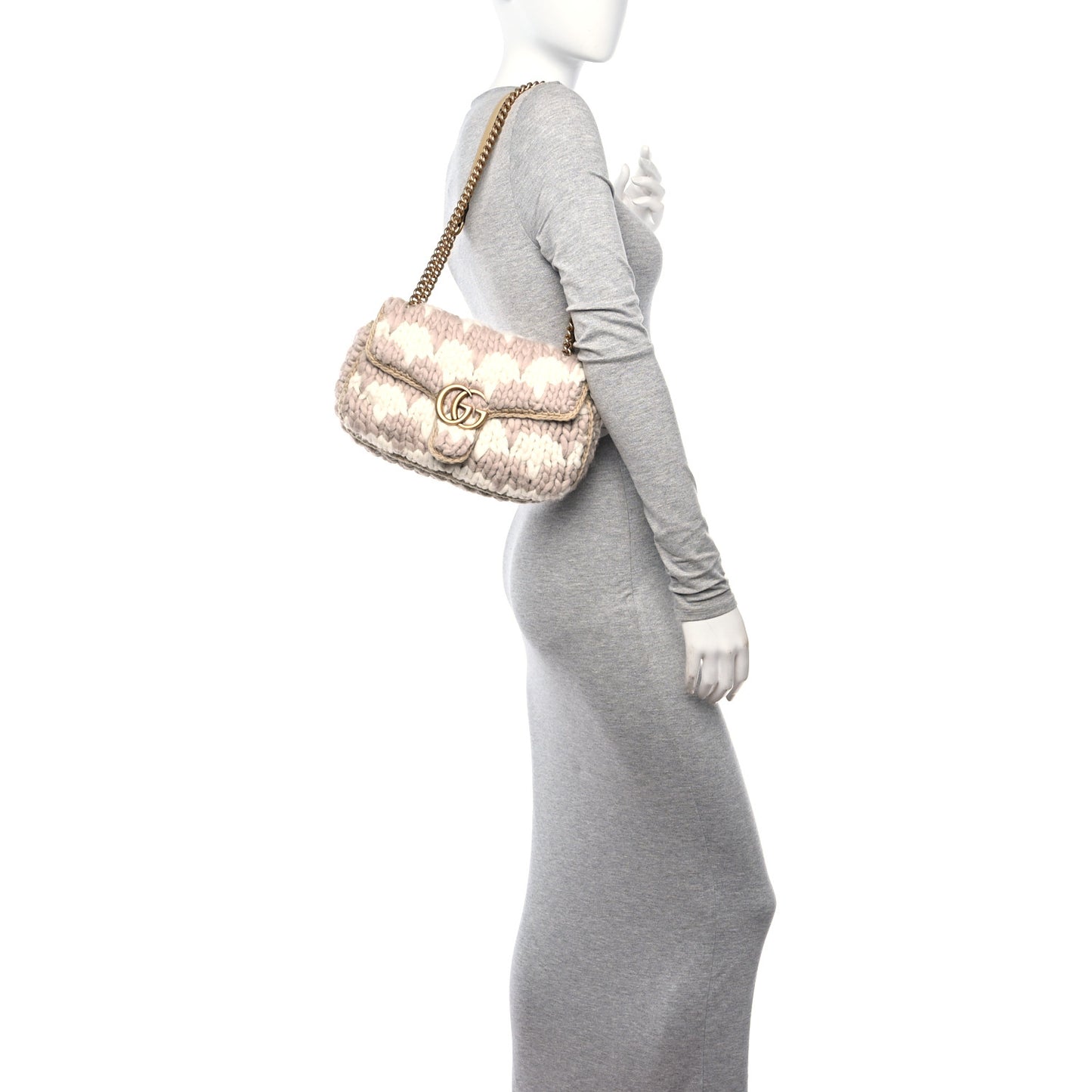 Wool Houndstooth Woven Small GG Marmont Shoulder Bag Beige White Sand