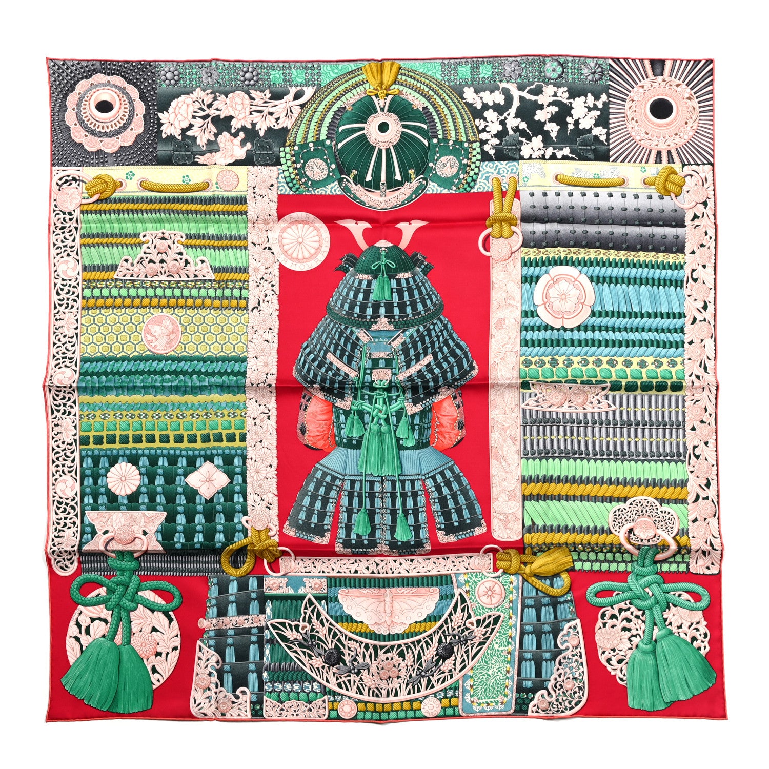 Hermes Silk Parures de Samouraïs Scarf 90 Framboise Red Rose Poudre 1 of 6