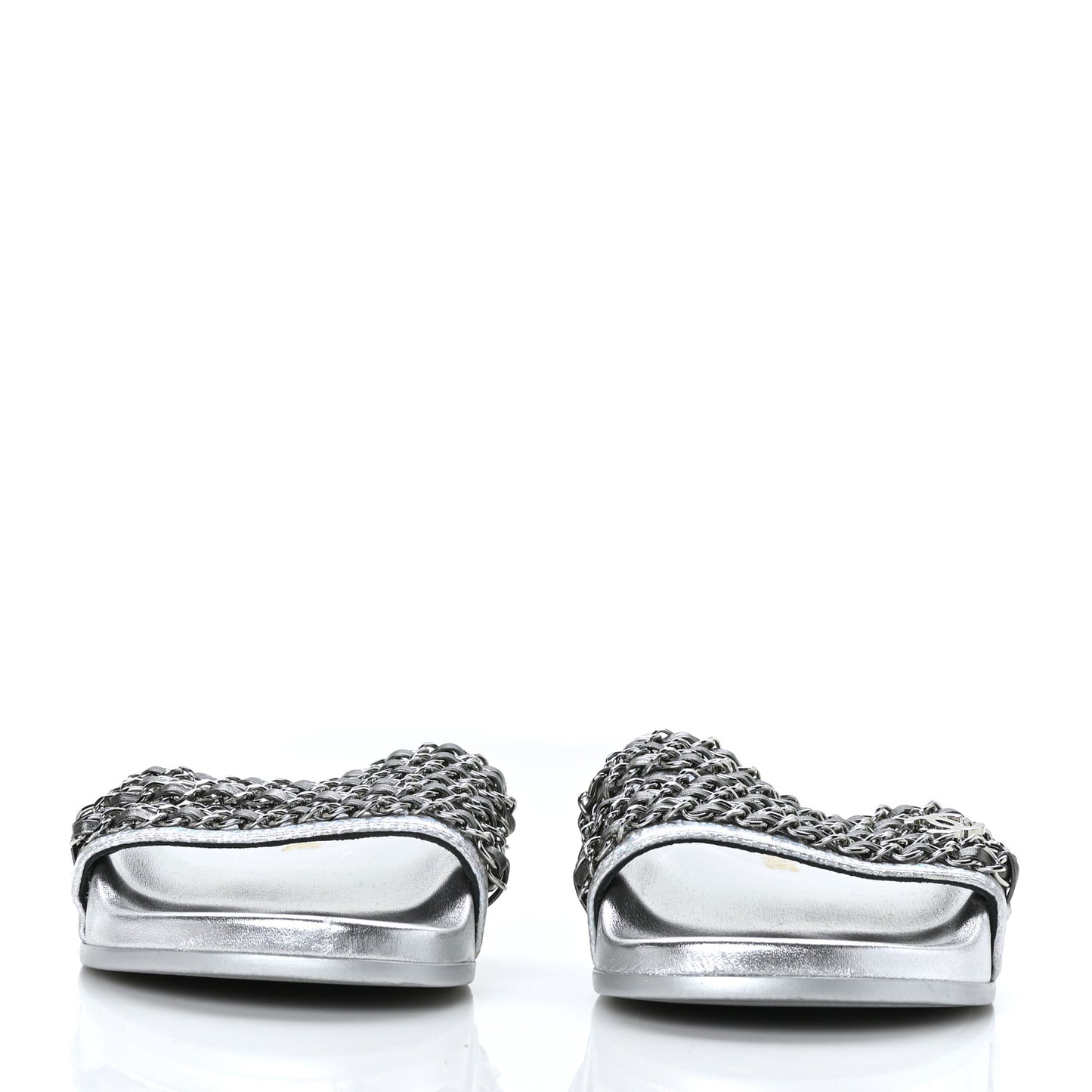 Metallic Lambskin Chain Flat Sandals 37 Silver