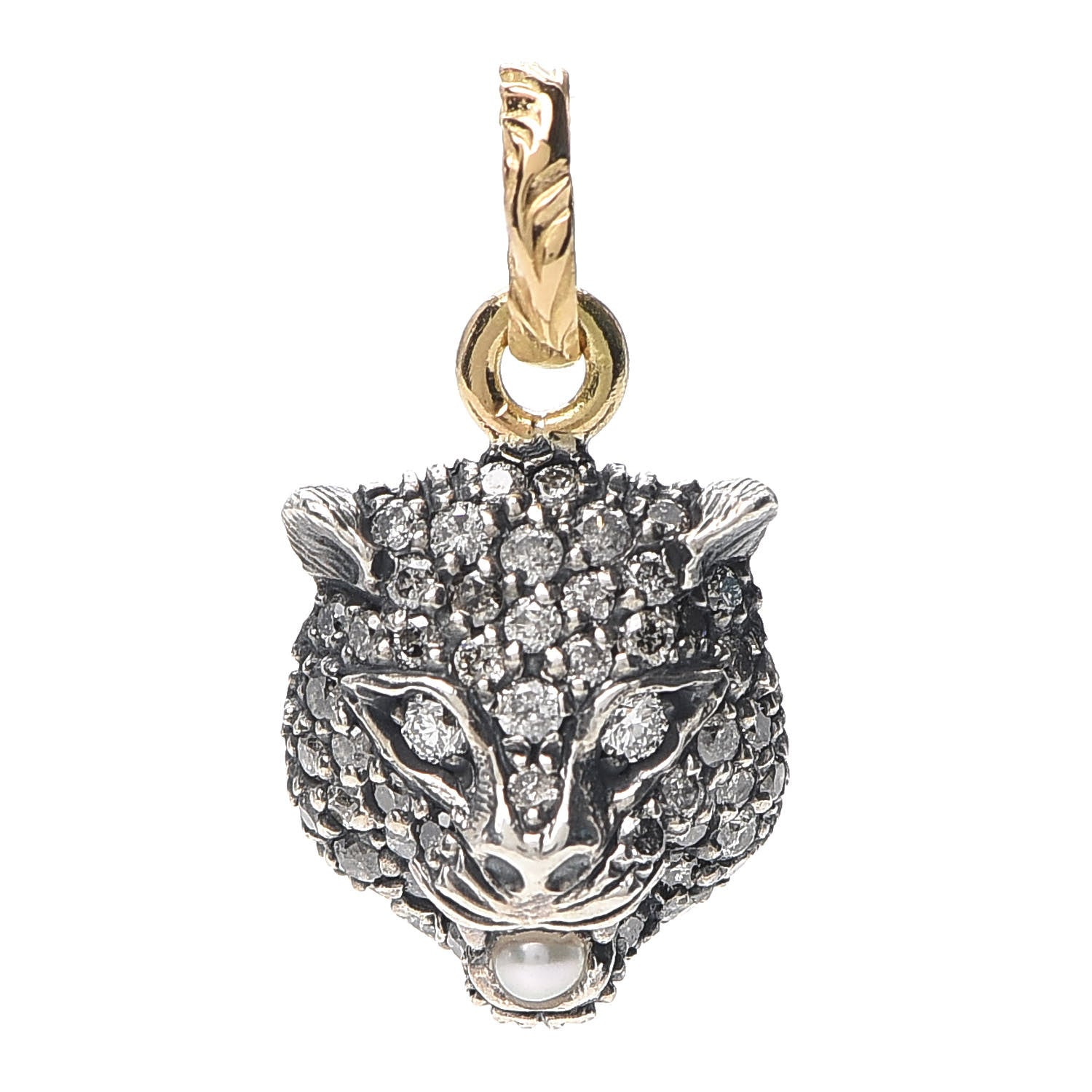 Gucci Sterling Silver 18K Yellow Gold Diamond Pearl Feline Pendant 1 of 4