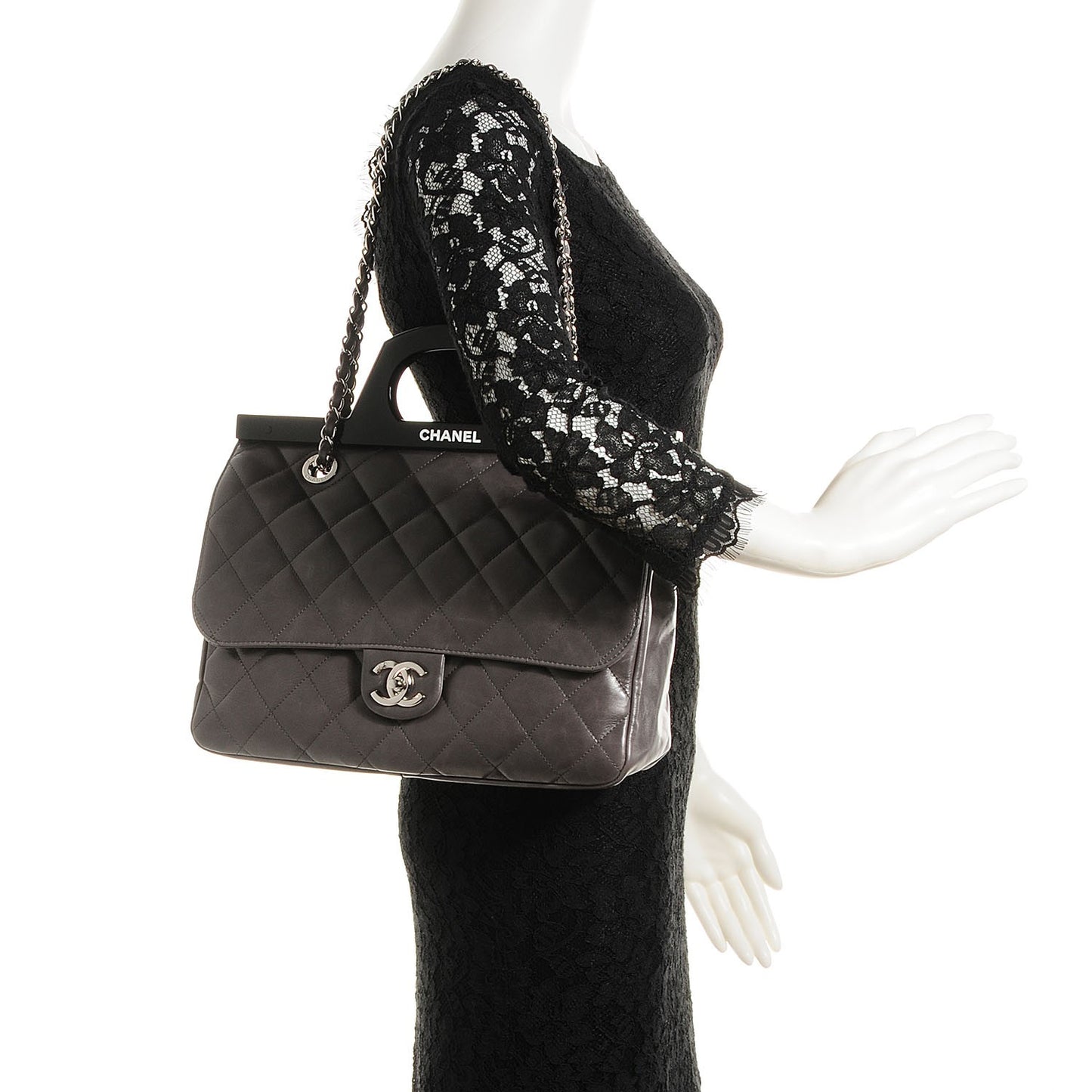 Glazed Calfskin Quilted Small CC Delivery Tote Grey