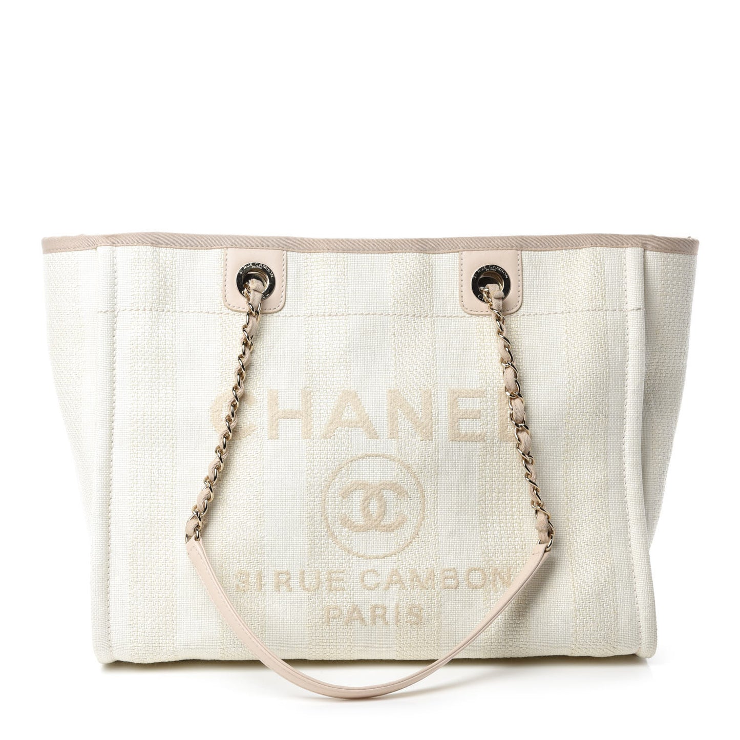 Straw Raffia Calfskin Striped Small Deauville Tote Beige