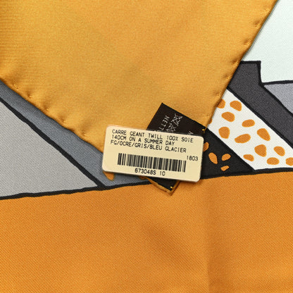 Hermes Silk On a Summer Day Shawl 140 Ocre Gris Bleu Glacier 3 of 5