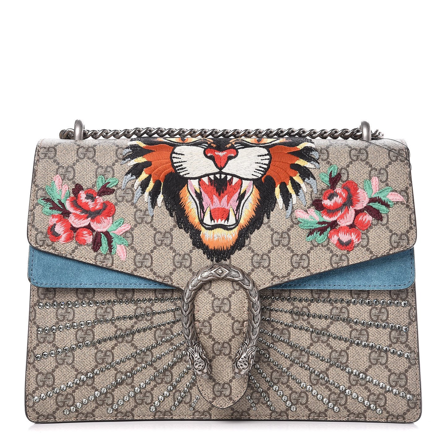 GG Supreme Monogram Angry Cat Embroidered Medium Dionysus Shoulder Bag Beige Ultramarine