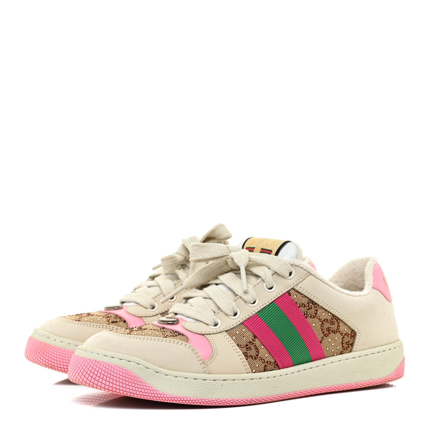 Gucci New GG Monogram Nubuck Web Crystal Embellished Womens Screener Sneakers 38.5 Camel Ebony Wild Rose 3 of 9