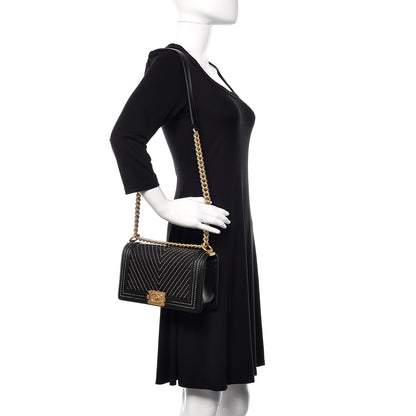 Chanel Calfskin Chevron Quilted Contrast Stitch Medium Boy Flap Black 2 of 13