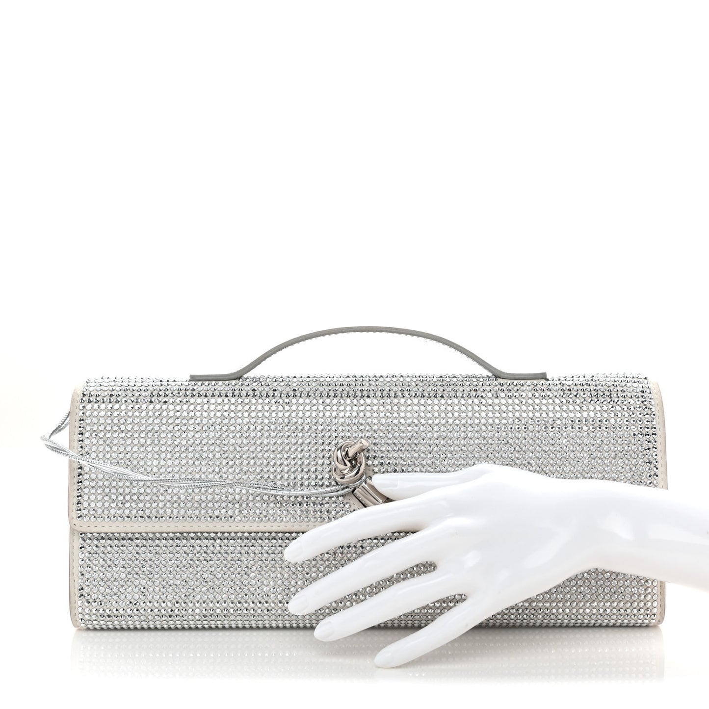 Nappa Crystal Long Andiamo Top Handle Clutch White