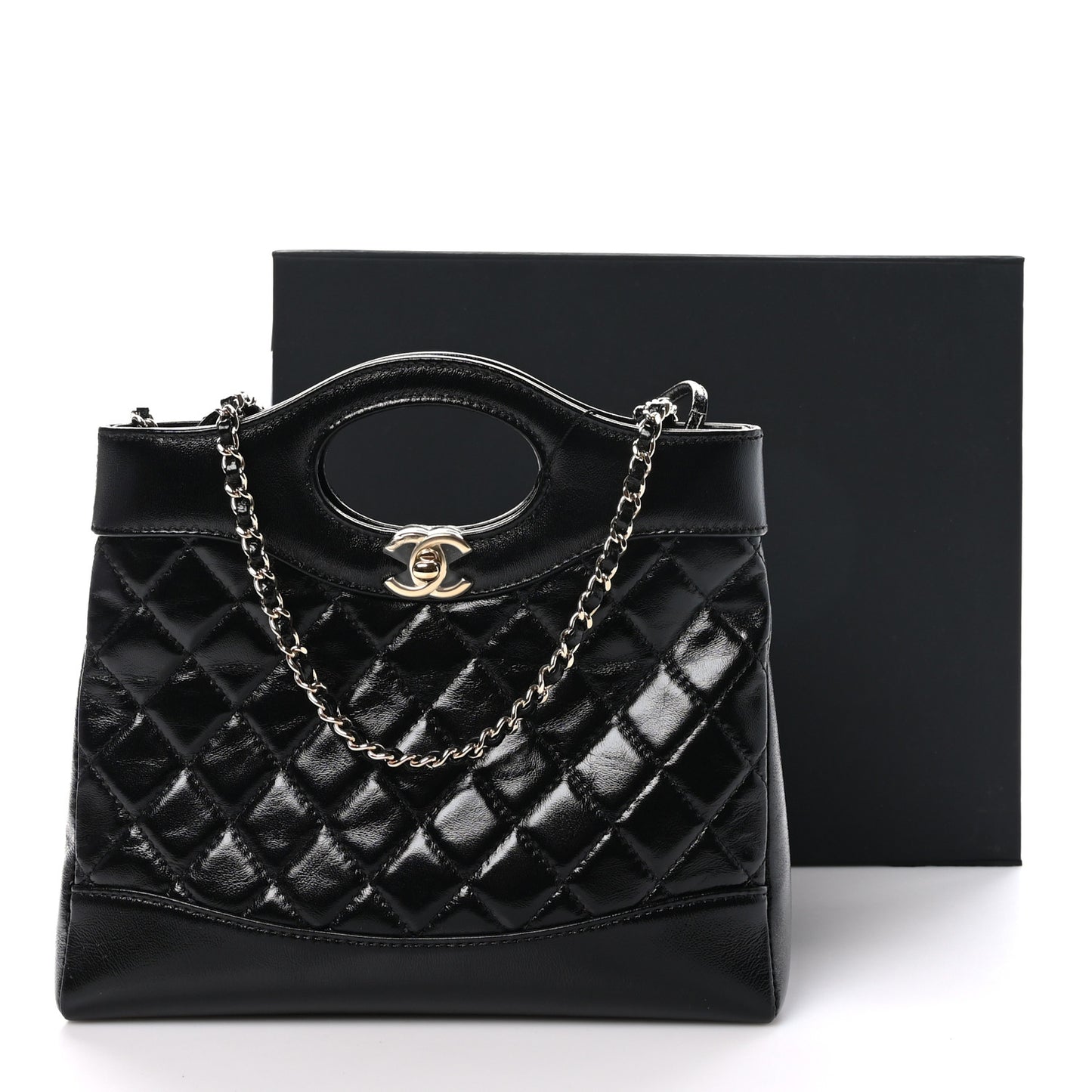 Shiny Crumpled Calfskin Quilted Mini 31 Shopping Bag Black
