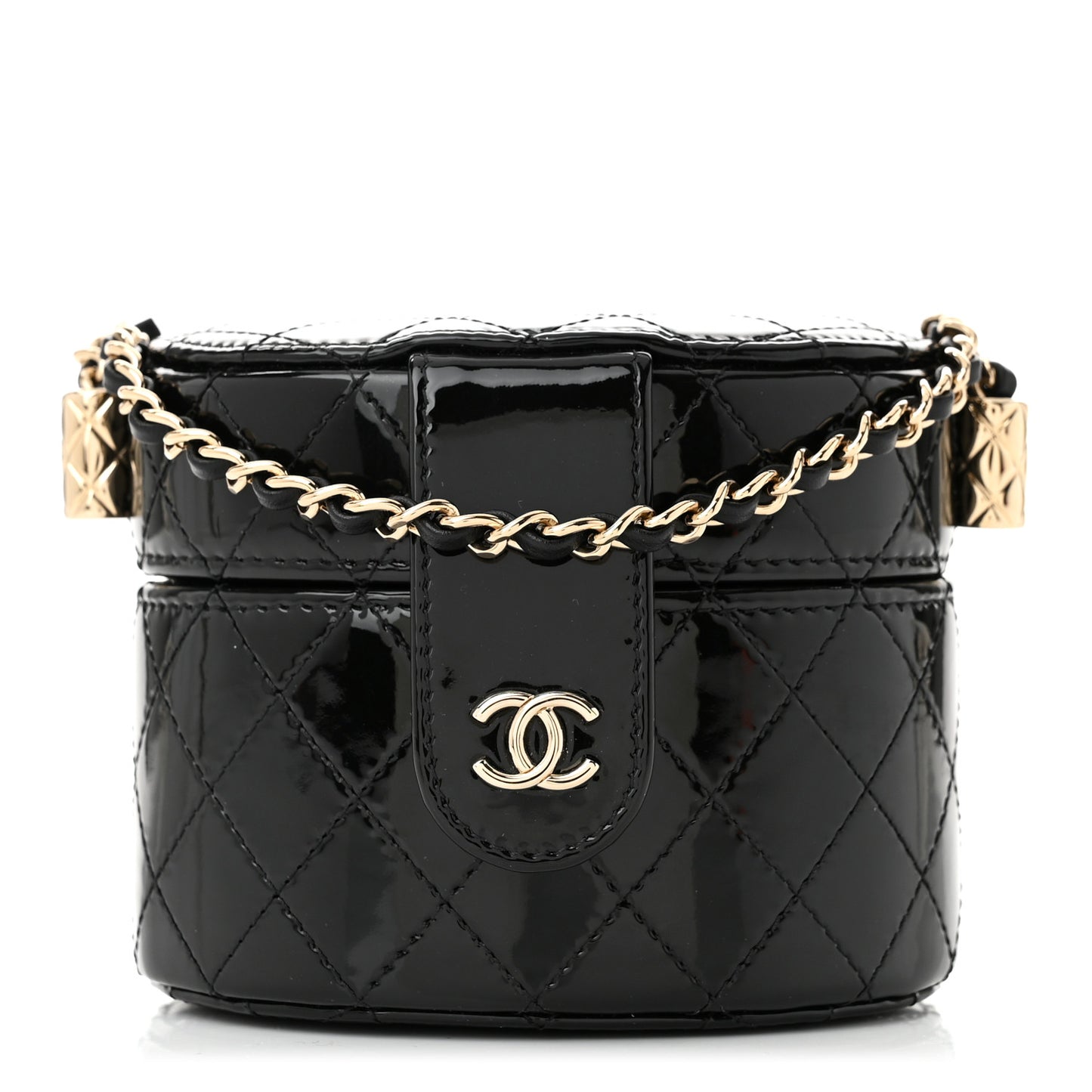 Patent Quilted Round Small Vanity With Chain Black