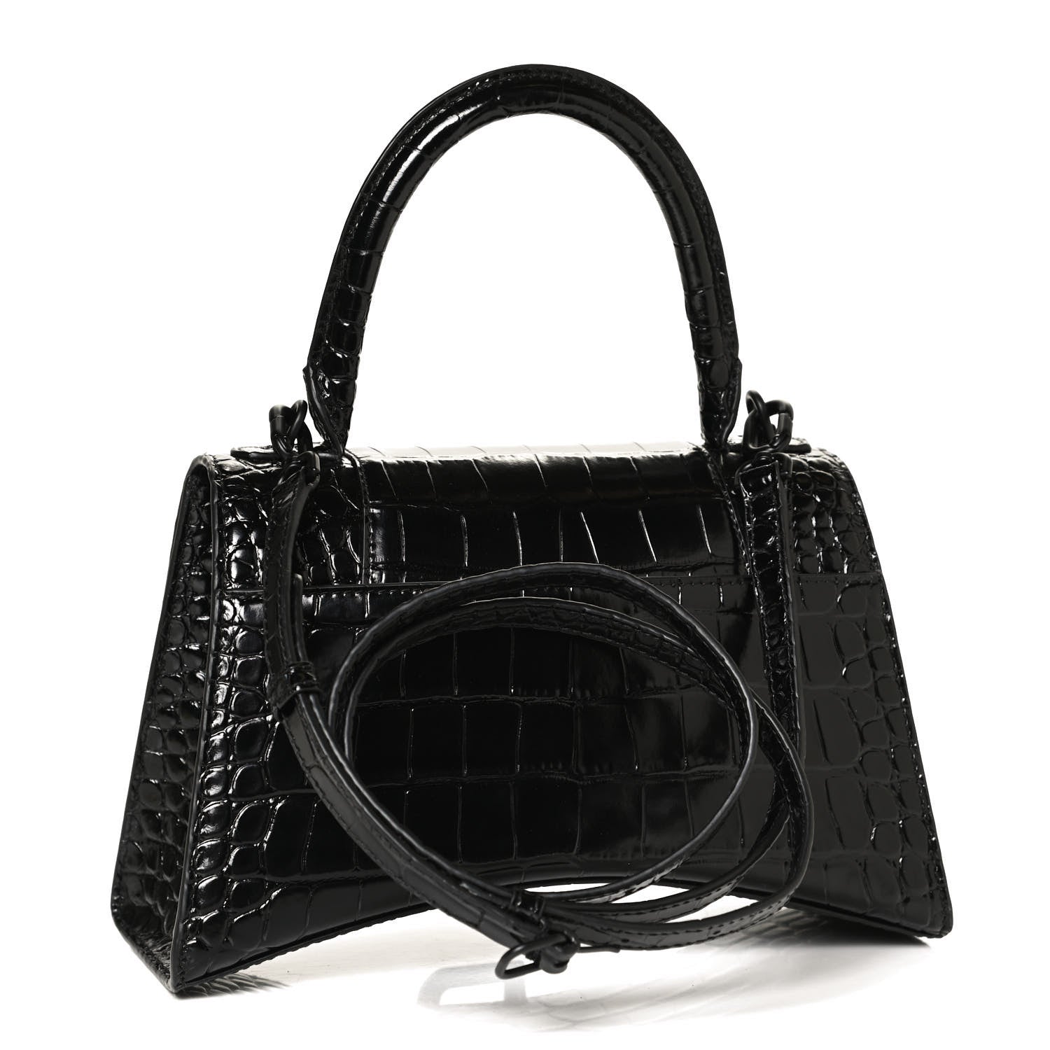 Balenciaga Shiny Calfskin Monochrome Crocodile Embossed Small Hourglass Top Handle Bag Black 3 of 10