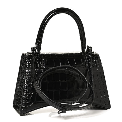 Balenciaga Shiny Calfskin Monochrome Crocodile Embossed Small Hourglass Top Handle Bag Black 3 of 10