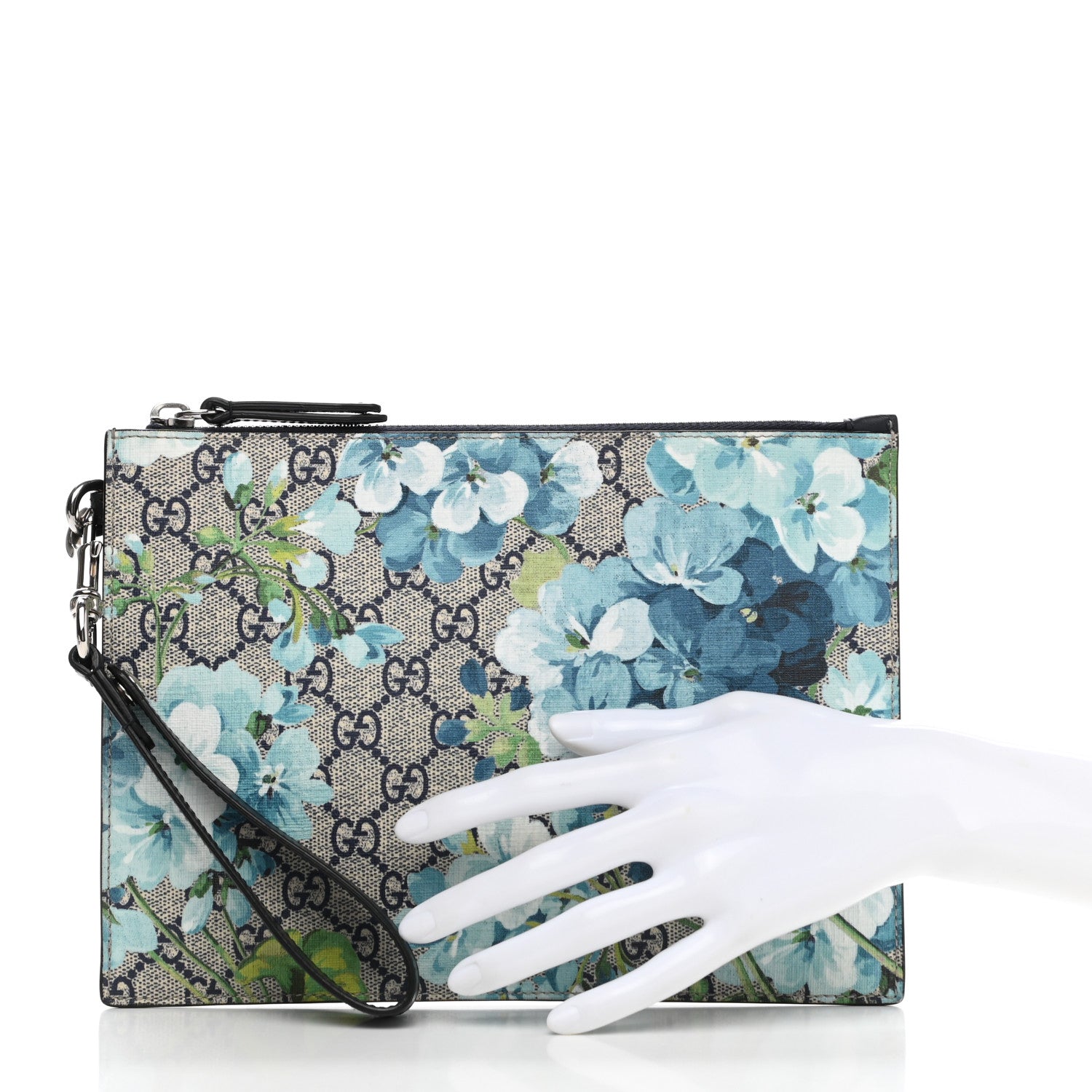Gucci GG Supreme Monogram Blooms Small Zip Wristlet Pouch Beige Blue Black 2 of 8