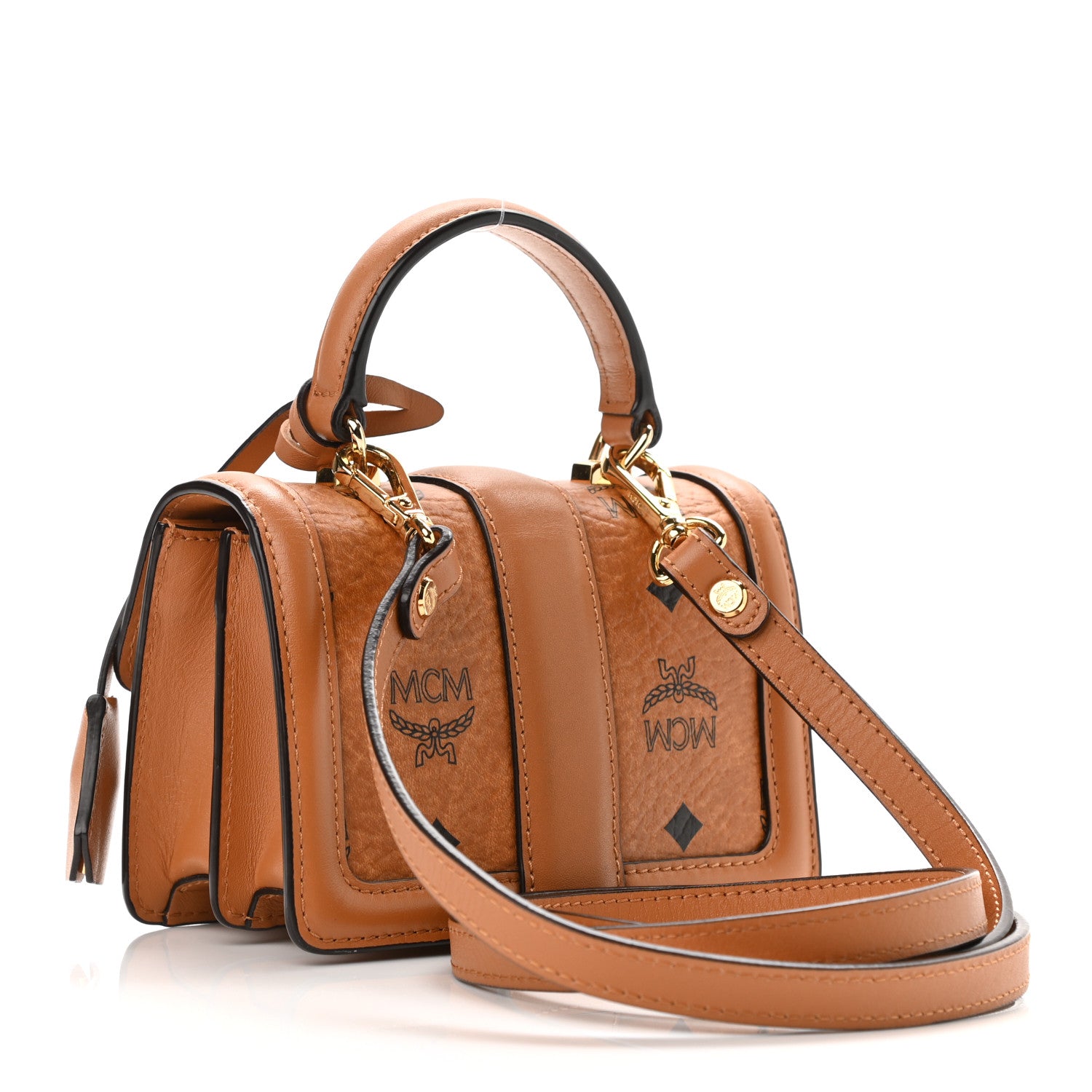 MCM Visetos Studded Tracey Satchel Cognac 3 of 10