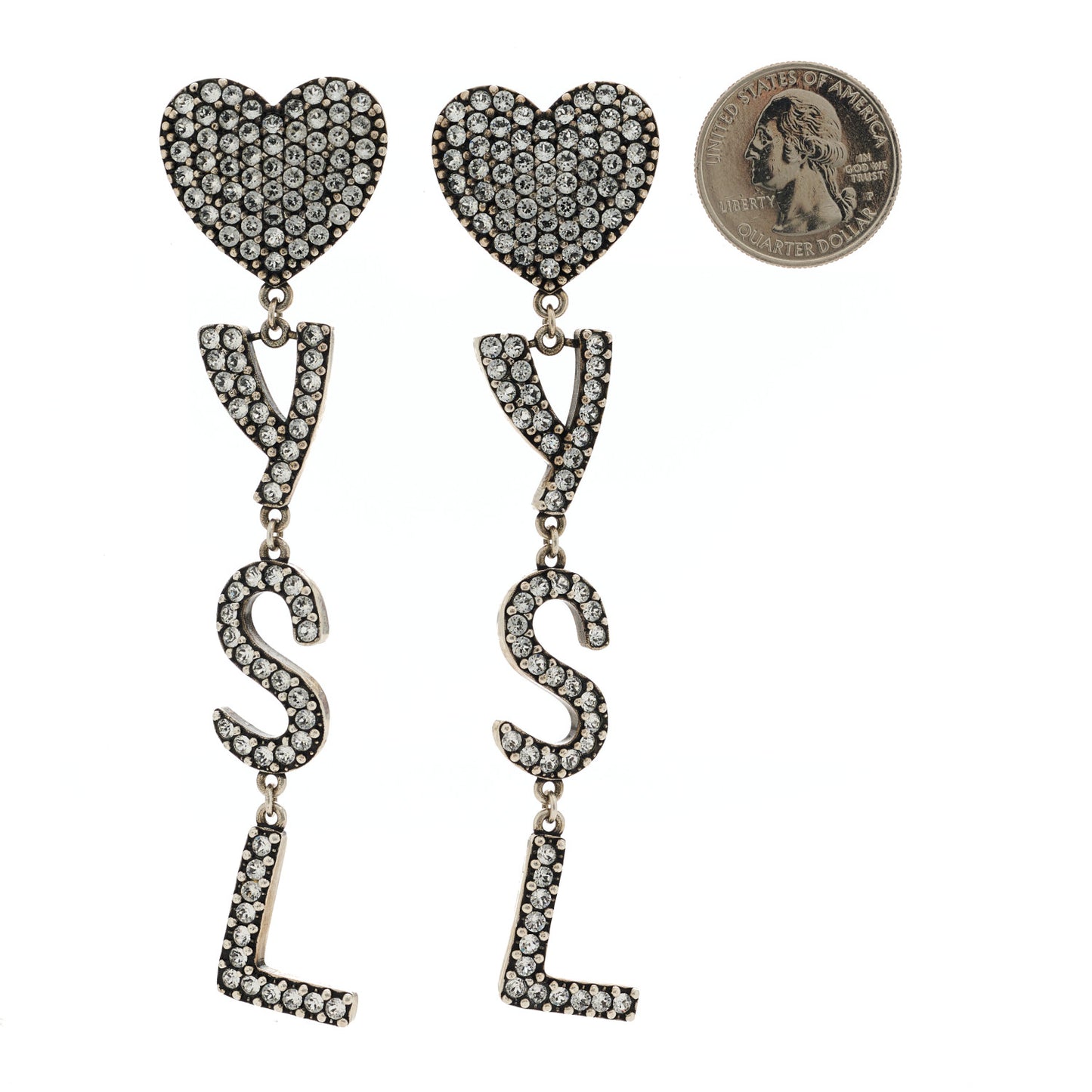Brass Crystal Monogram Heart Drop Clip Earrings Silver