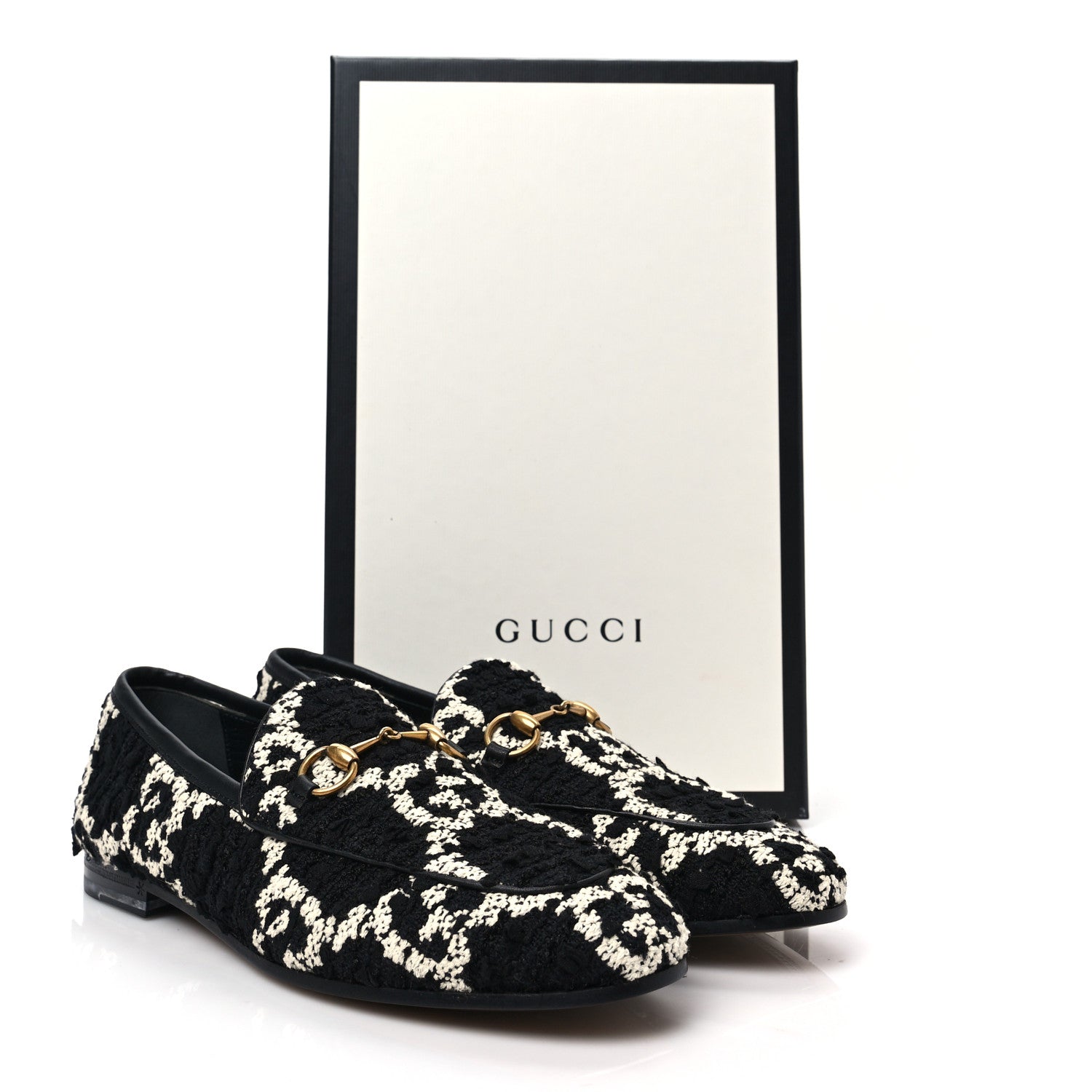 Gucci Tweed GG Monogram Horsebit Womens Jordaan Loafers 37.5 Black Natural 8 of 8