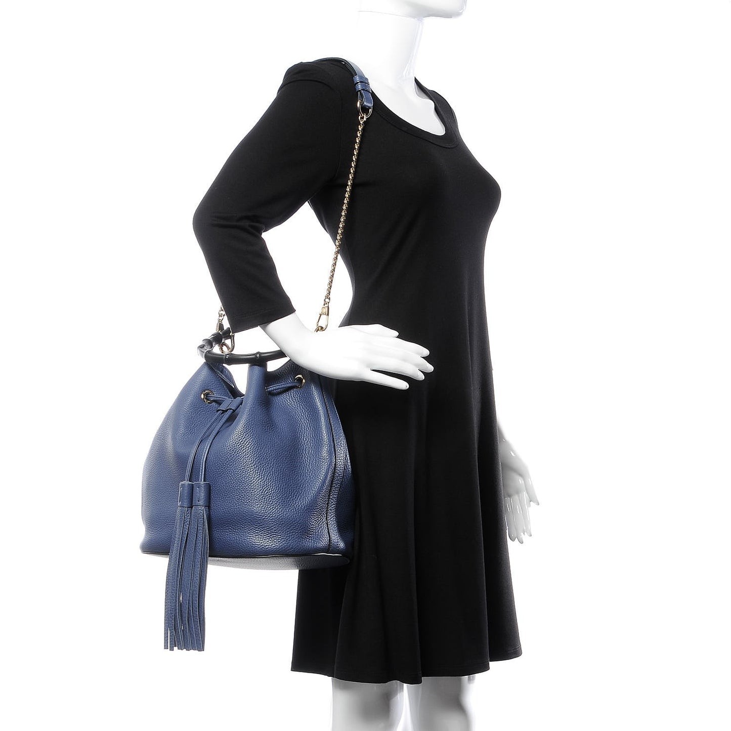Pebbled Calfskin Miss Bamboo Bucket Bag Blue