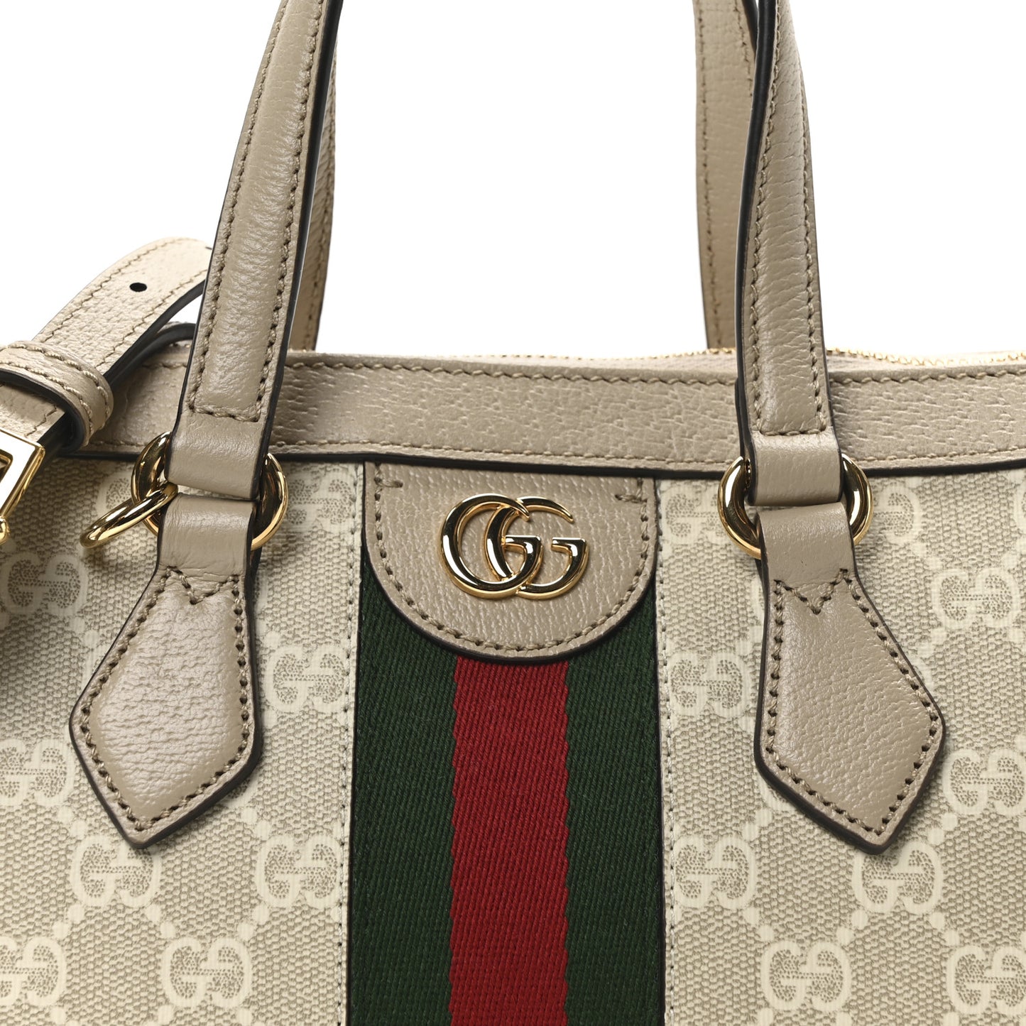 GG Supreme Monogram Textured Dollar Calfskin Web Small Ophidia Tote Bag Beige Mystic White Oatmeal