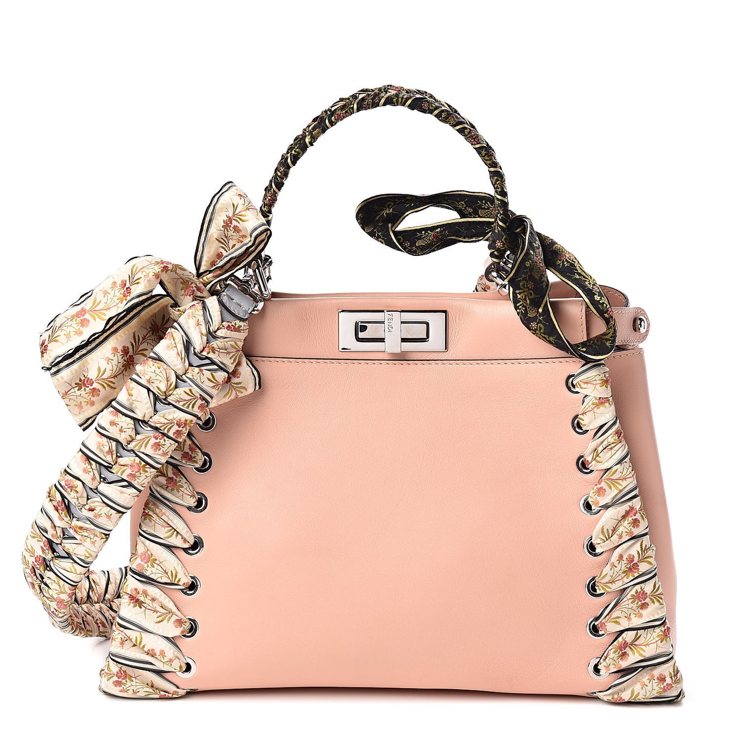 Vitello Seta Shiny Nappa Ribbon Lace Up Floral Medium Peekaboo Iconic Satchel Baby Pink Multicolor