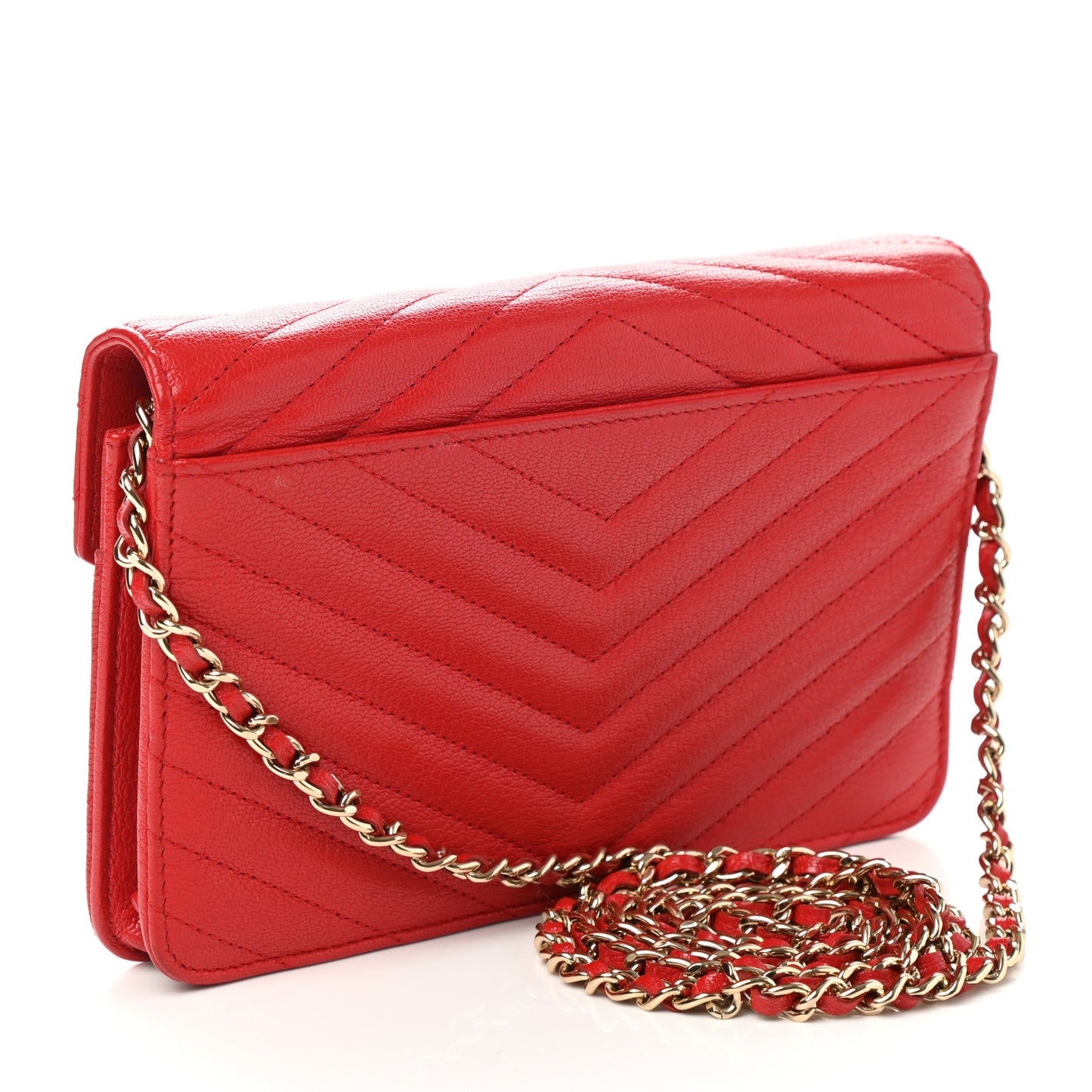Goatskin Chevron Quilted Statement Wallet On Chain WOC Red