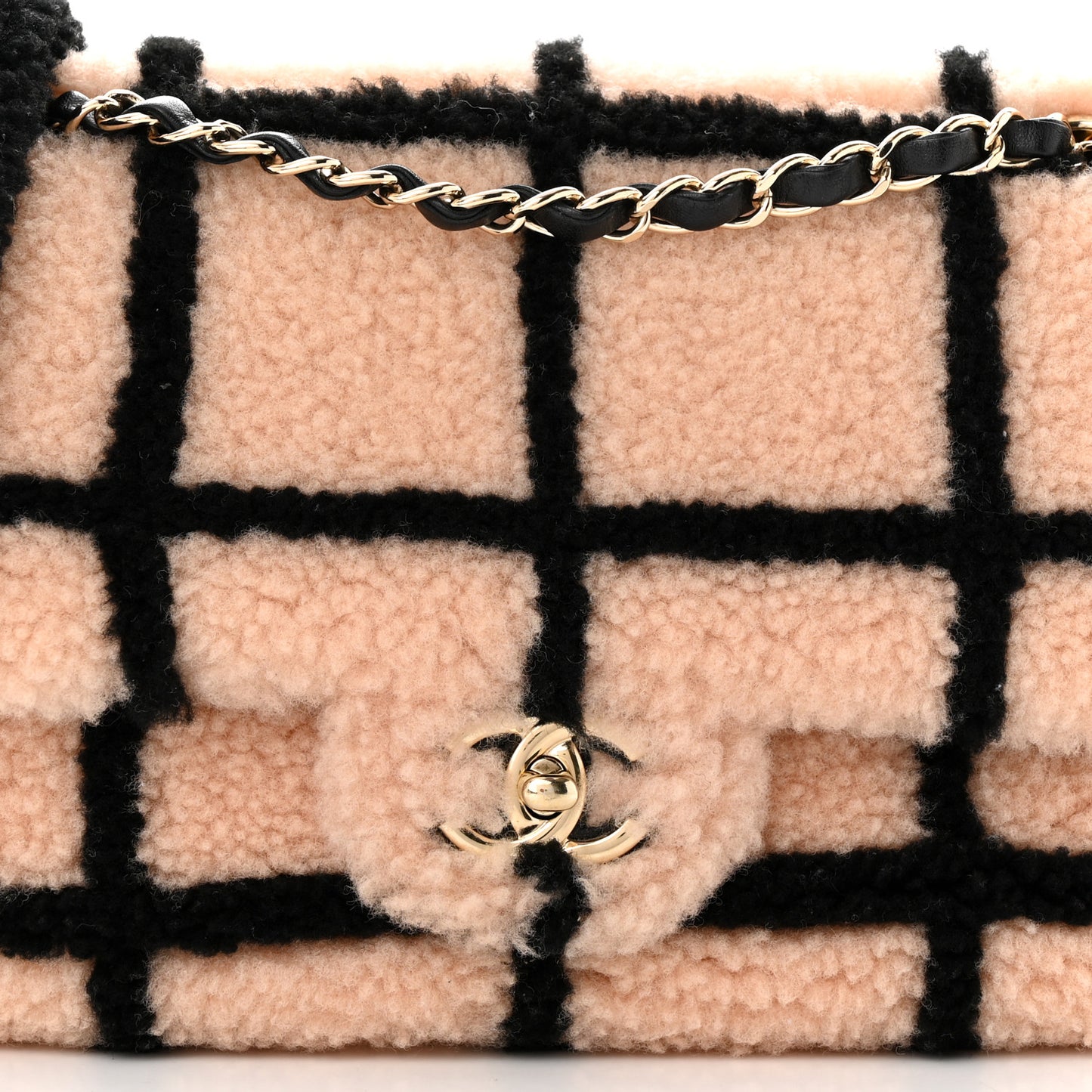 Shearling Lambskin Large Fluffy Tartan Single Flap Pink Black
