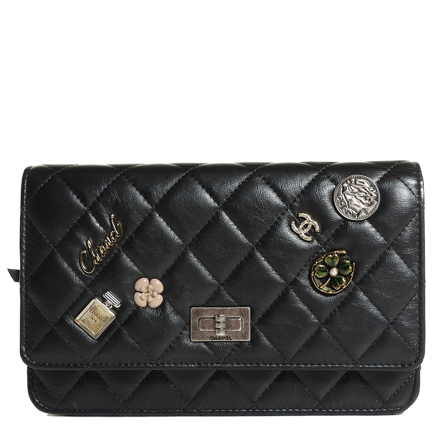 Aged Calfskin Lucky Charms Casino 2.55 Reissue Wallet on Chain WOC Black