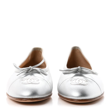 Chanel Metallic Lambskin CC Cap Toe Ballerina Flats 37.5 Silver 3 of 9
