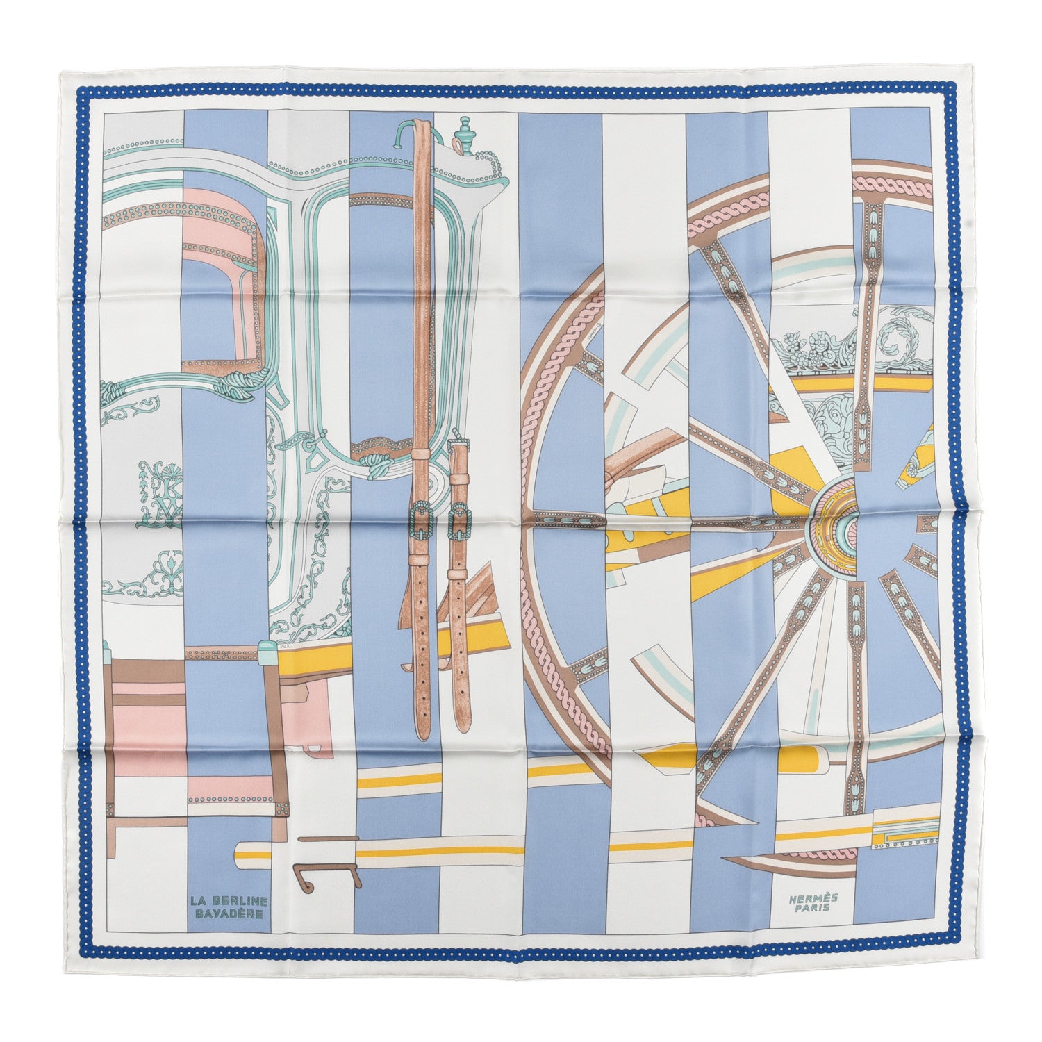 Hermes Silk La Berline Bayadere Scarf 90 White Bleu Ciel Vieux Rose 1 of 5