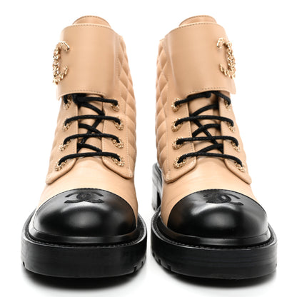 Chanel Lambskin Calfskin Quilted Lace Up Combat Boots 41 Beige Black 2 of 16