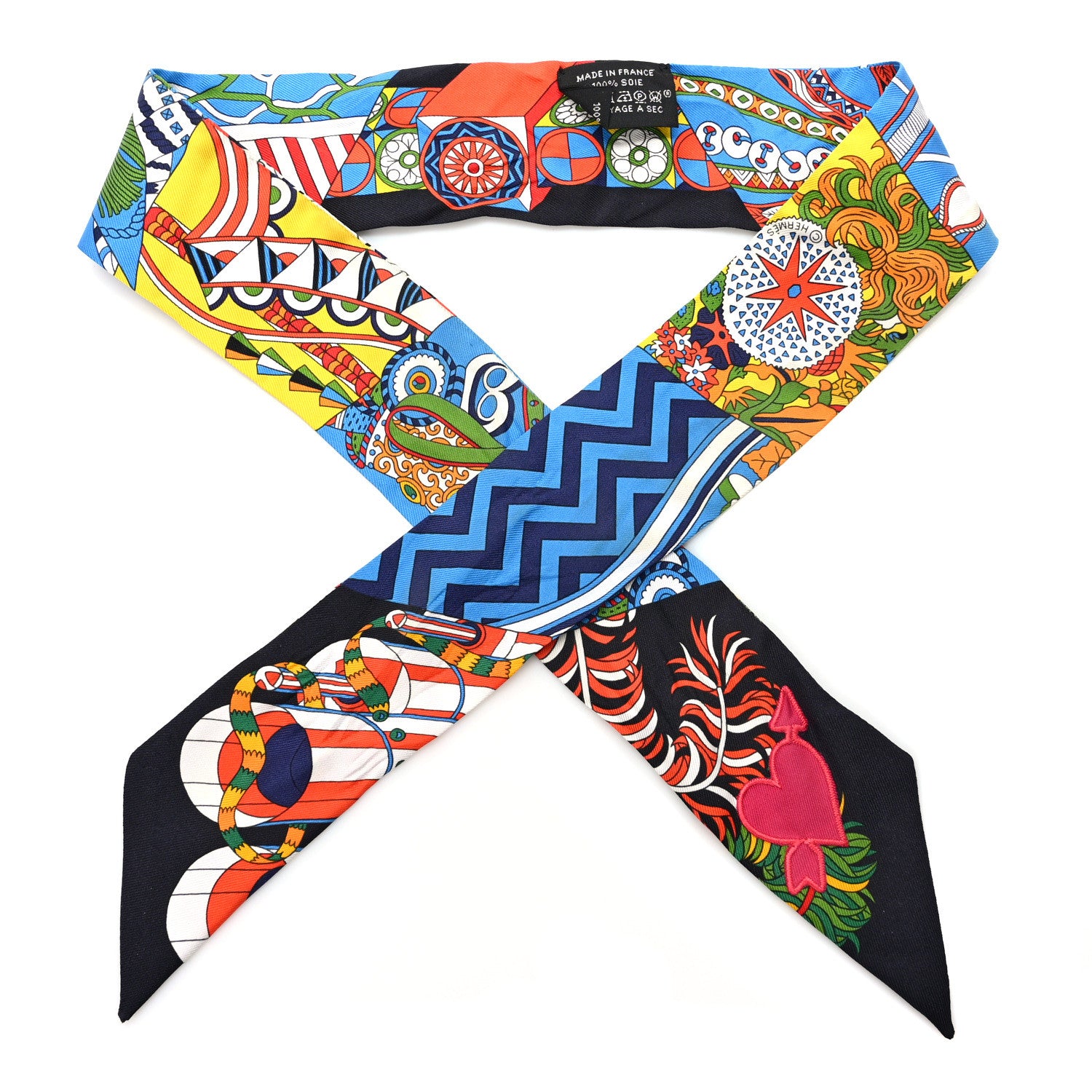 Hermes Silk De l'Ombrelle Aux Duels Sticker Twilly Black Bleu Jaune Vif 1 of 4