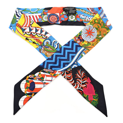 Hermes Silk De l'Ombrelle Aux Duels Sticker Twilly Black Bleu Jaune Vif 1 of 4