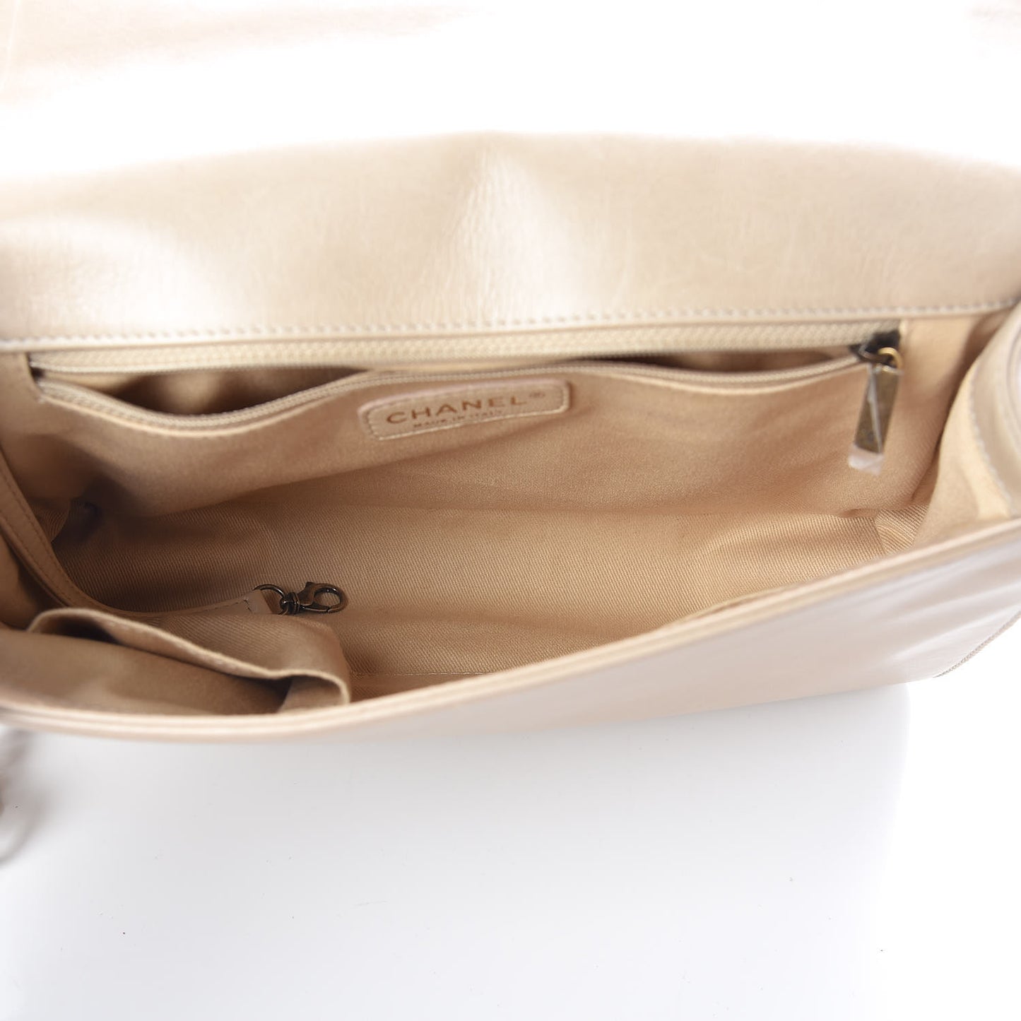 Glazed Calfskin Quilted Large Boy Flap Beige