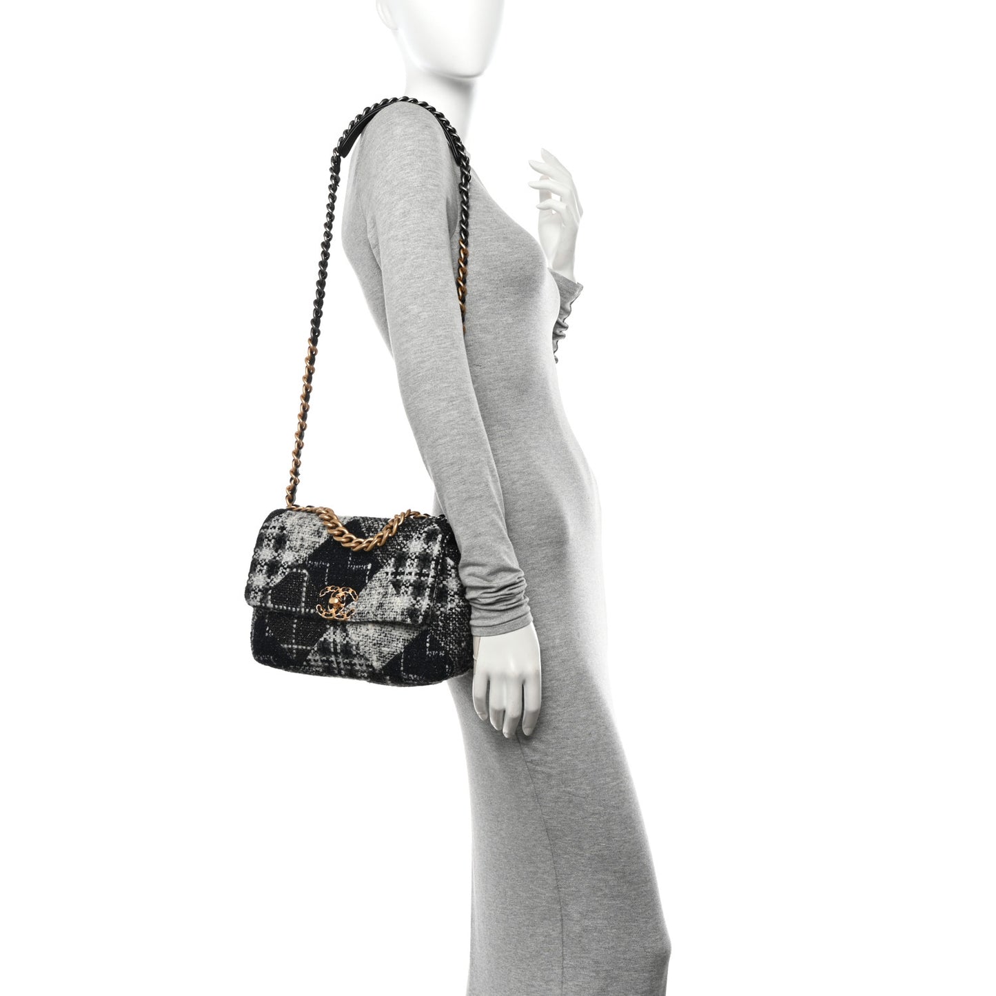 Tweed Quilted Medium Chanel 19 Flap Black White