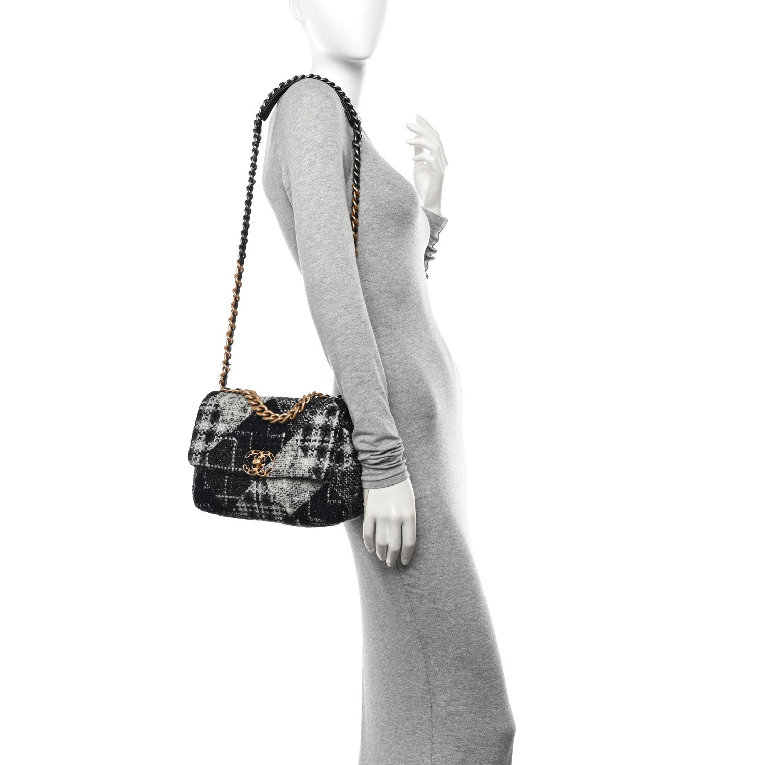 Chanel Tweed Quilted Medium Chanel 19 Flap Black White 2 of 12