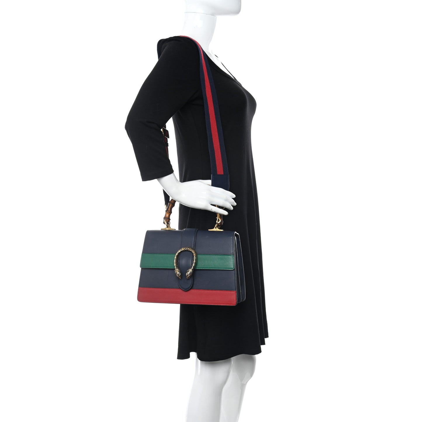 Moon Calfskin Bamboo Web Medium Dionysus Top Handle Bag Blue Emerald Hibiscus Red